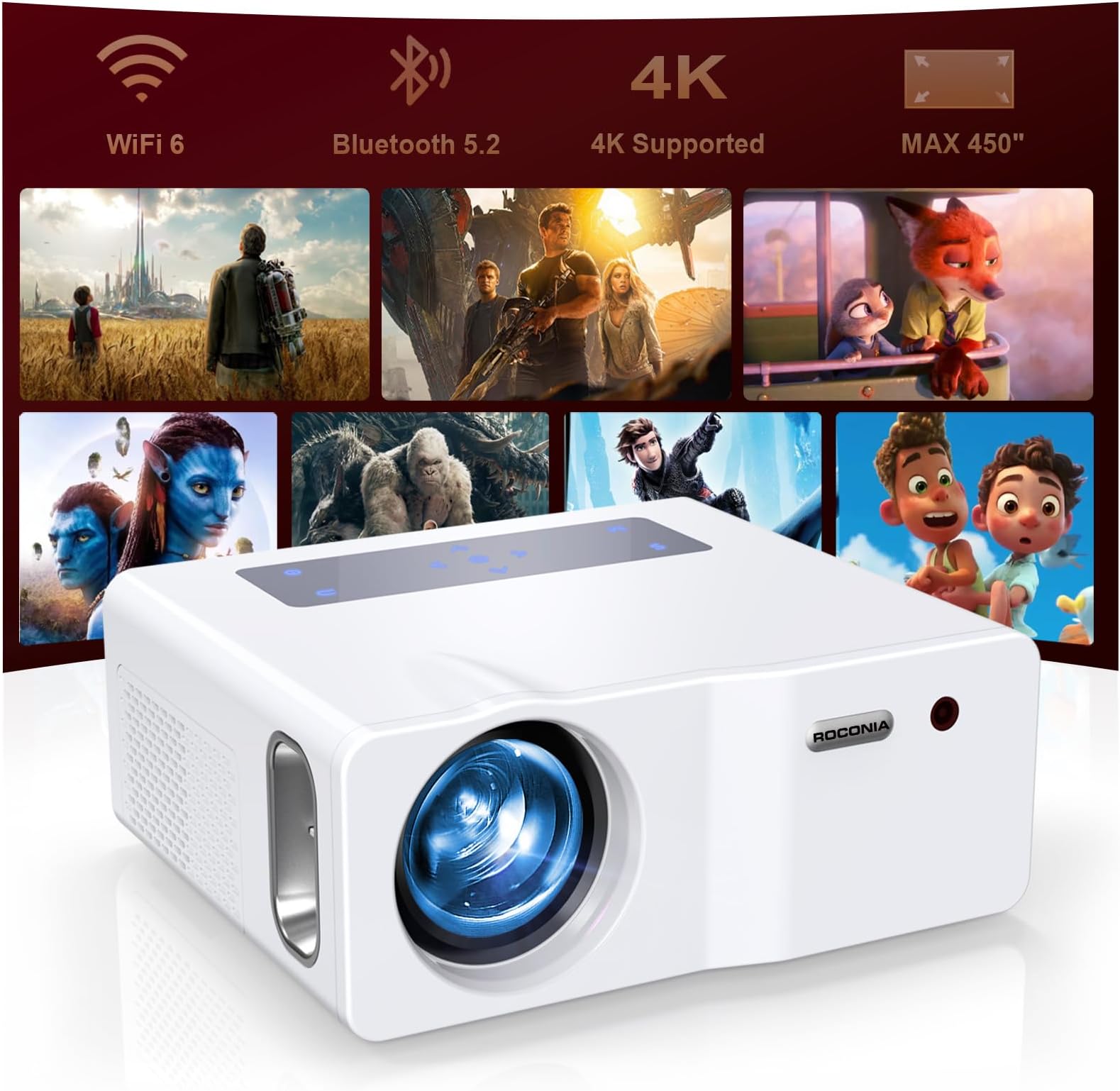 Native 1080P 5G WiFi Bluetooth Projector, 1200ANSI Portable Outdoor Movie Projector, 4K Supported, 450" Display Video Projector for Home Theater, Compatible with TV Stick Smartphone/HDMI/USB (White)
