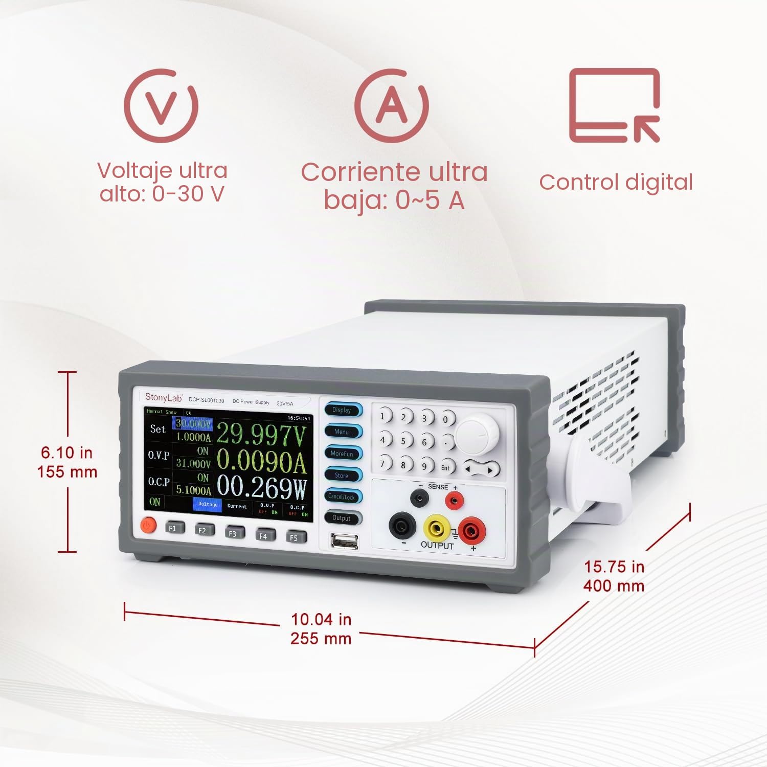 stonylab Fuente de Alimentación DC, Salida 30V/5A con Resolución de 0,1 mA, Pantalla de 5 Dígitos Fuente de Alimentación DC Programmable de Alta Precisión para Pruebas Electrónicas e Investigación