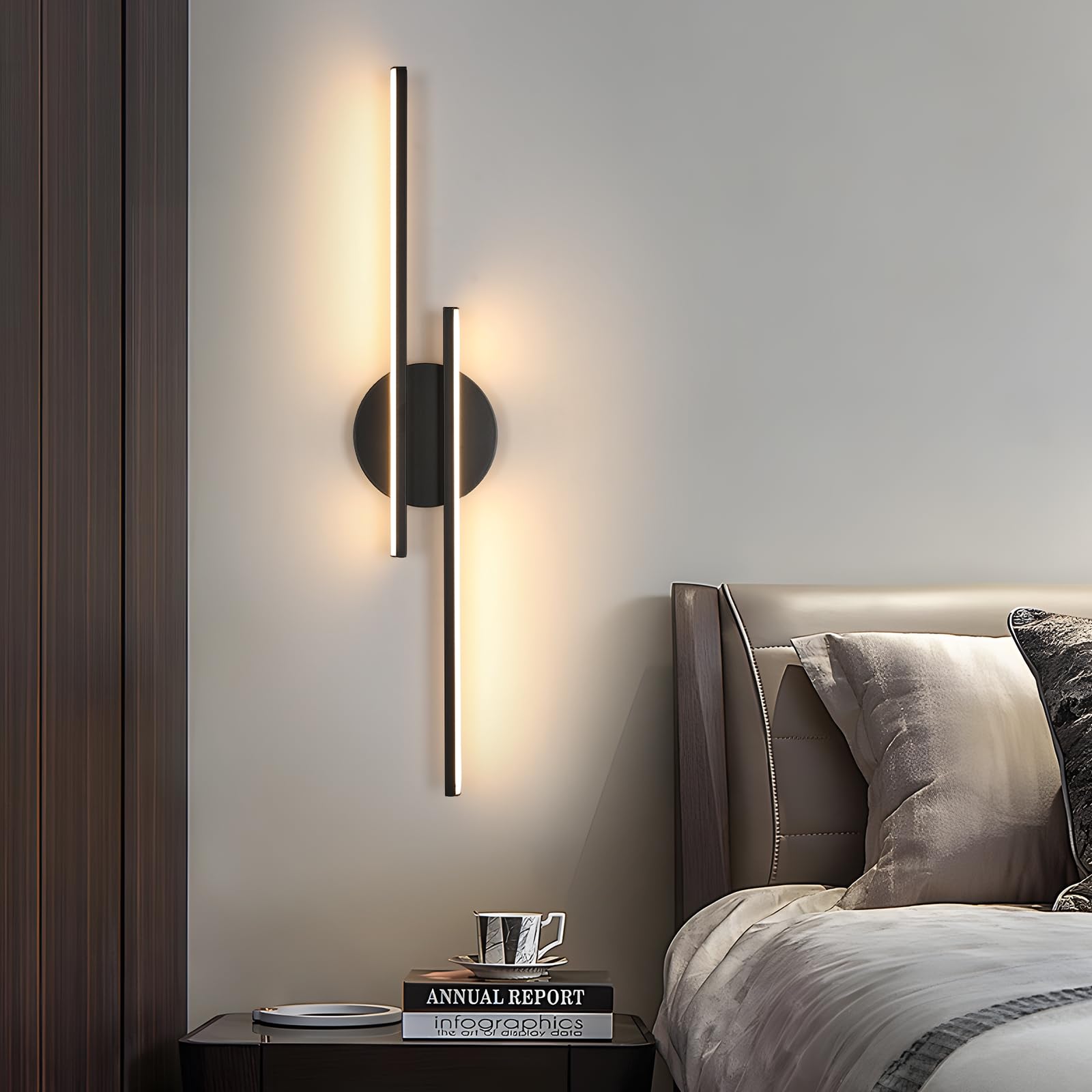 Mckalen Lámpara LED de Pared Interior, 24W 2700LM Aplique de Pared Dormitorio Negro 60CM, Luz de Pared LED Moderno Luz Cálida 3000K para Sala de Estar, Pasillo, Escaleras
