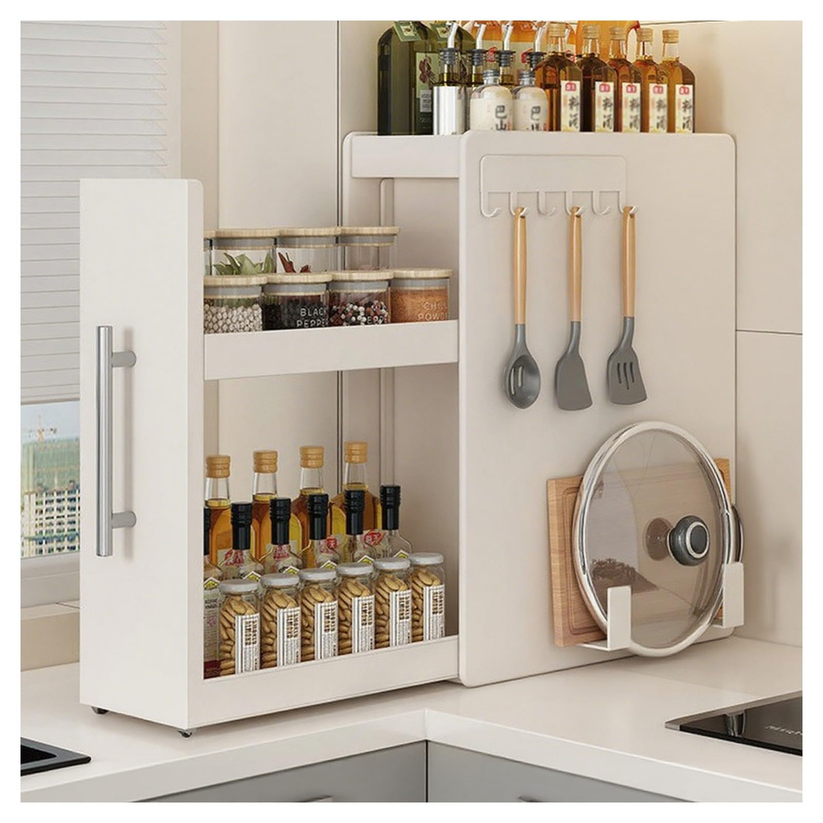 HADECOLL Vertical Sliding Spice Rack, Sturdy Extendable Narrow Metal Shelf With 2 Levels And Drawer, For Kitchen Spices And Cooking Utensils,White-3 Tier-L