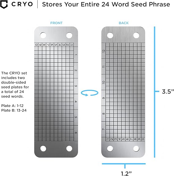 CRYO Crypto Seed Storage - Stainless Steel Wallet for Cryptocurrency Cold Storage - BIP39 12 or 24 Word Recovery Phrase Backup DOT