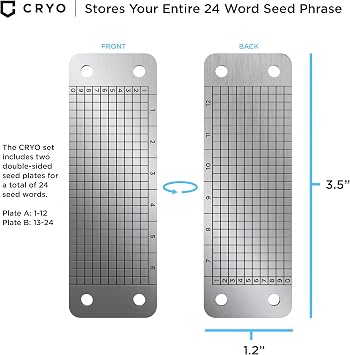 CRYO Crypto Seed Storage - Stainless Steel Wallet for Cryptocurrency Cold Storage - BIP39 12 or 24 Word Recovery Phrase Backup DOT