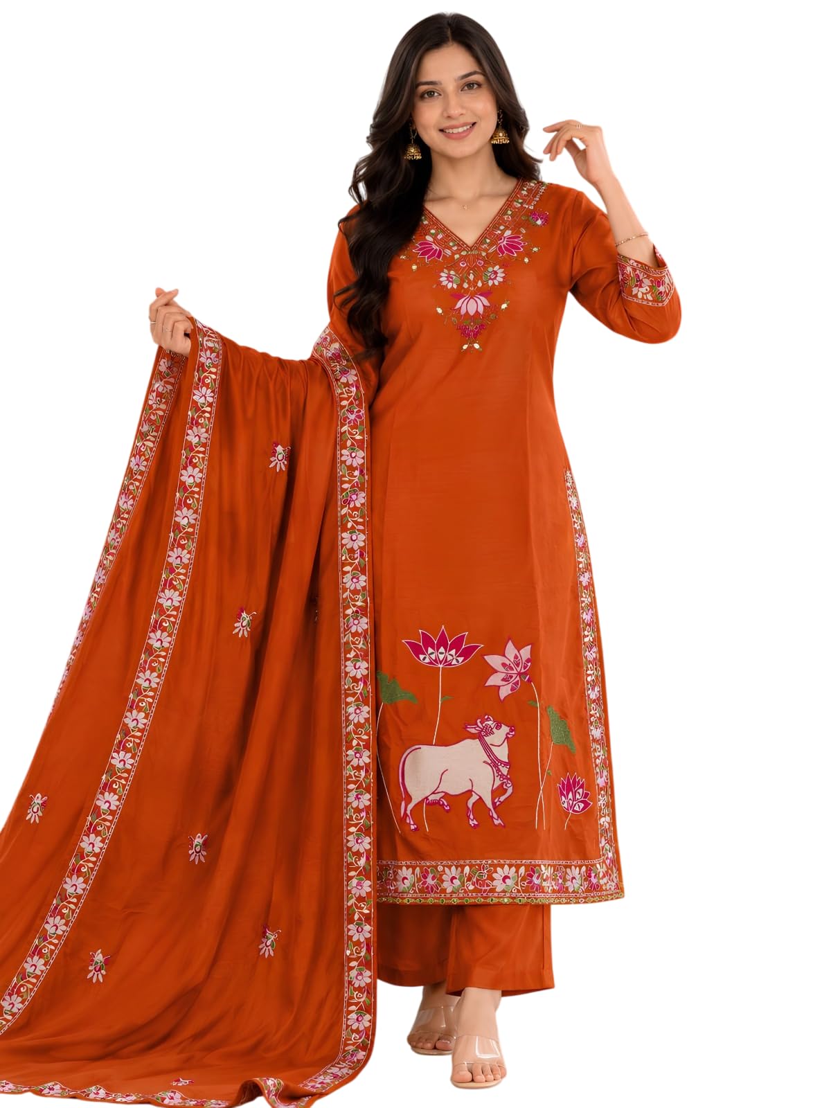 Women's Beautiful Tesla Salwar Suit And Embroidery Work kurti Set with V Neck,3/4 Sleeve Embroidery Work Dupatta Kurti set For Any Occasion-picture-40