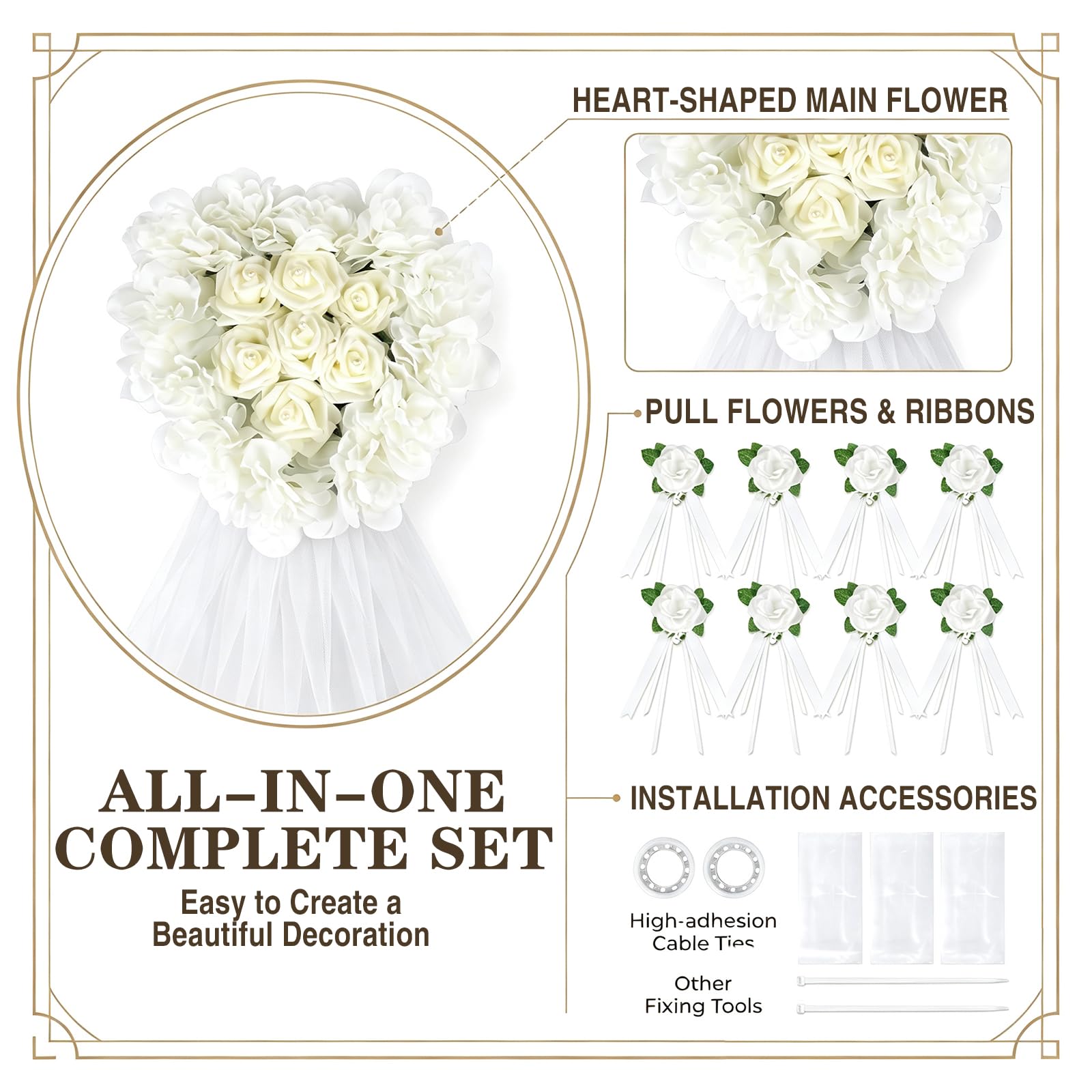 Set di decorazioni per auto per matrimonio, cofano di nozze, fiori artificiali bianchi, set di decorazioni per auto con 1 ghirlanda di cuori, 8 fiori, 2 tulle da 1,8 m, ecc., decorazione per auto per
