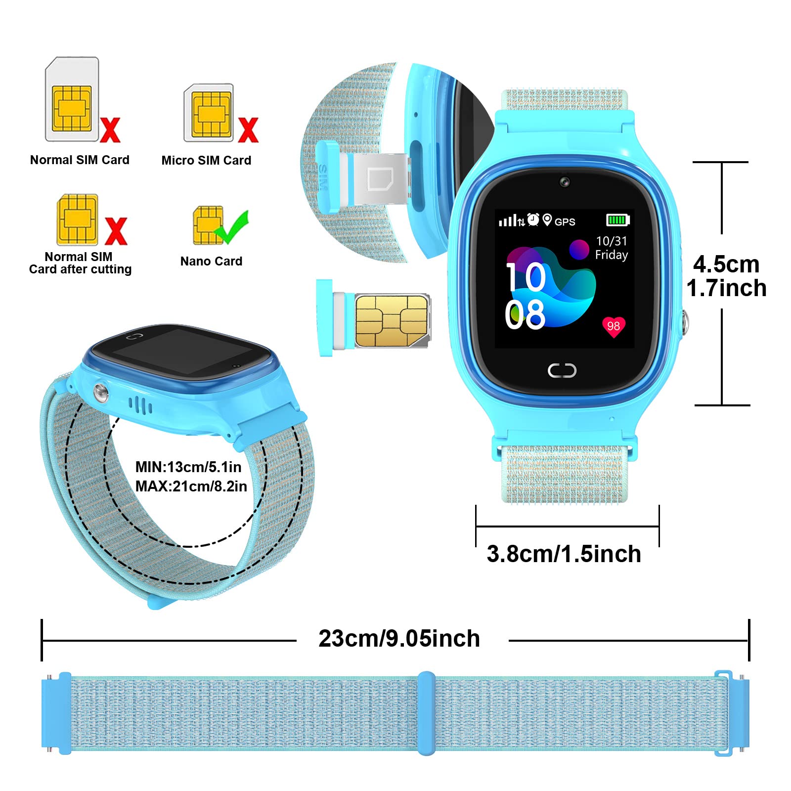 PTHTECHUS GPS Kids Smartwatch Phone per Impermeabile, GPS Localizzatore di tracciamento con Chat Vocale, Sveglia SOS per Il Gioco di Matematica Bambini Smart Watch, Regalo Ragazzo e Ragazza, Blu