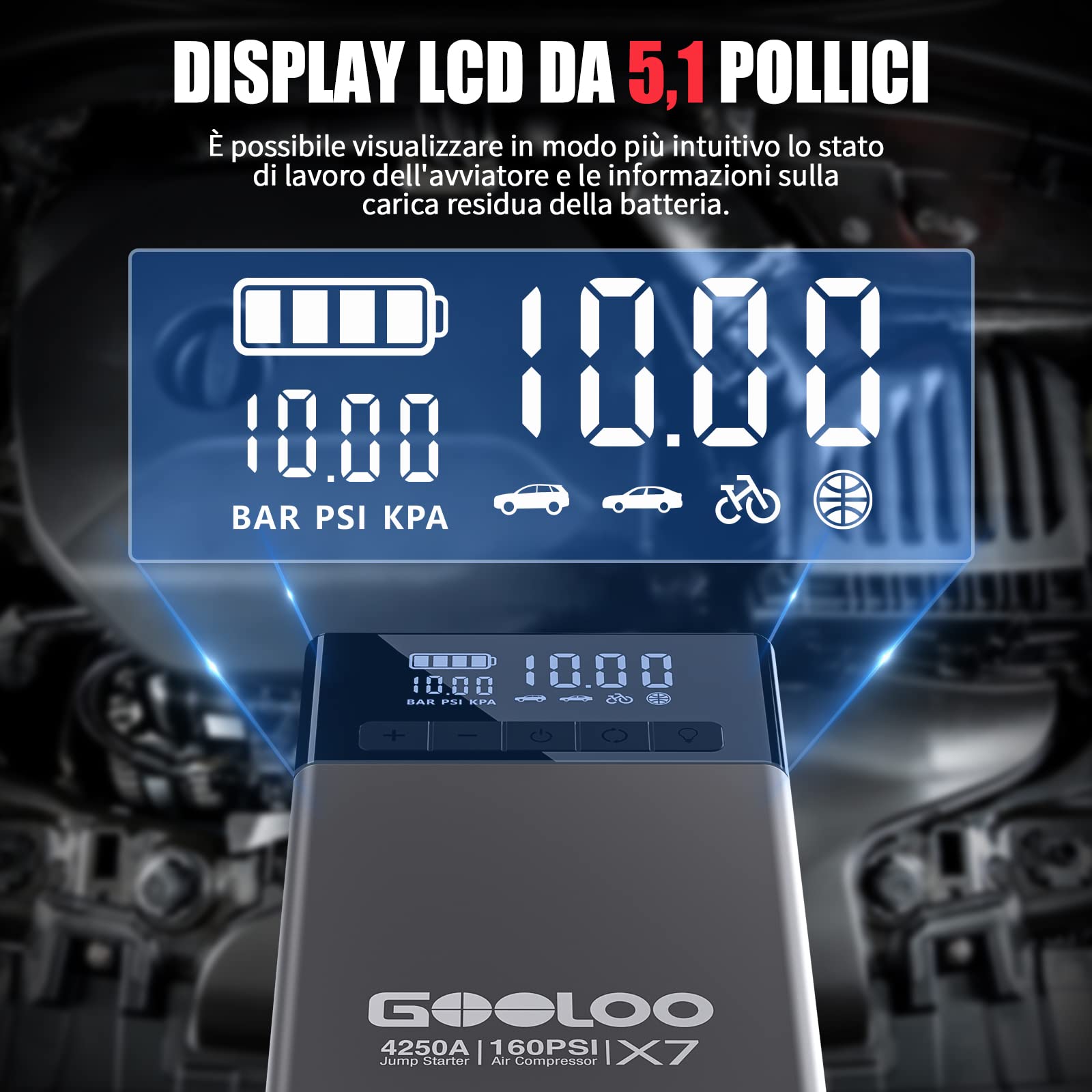 GOOLOO X7 4250A Avviatore Batteria Auto con Compressore d'Aria, Supersafe 12V Avviatore Emergenza per Auto con 160 PSI, Display LCD, Torcia LED, Adatto per Benzina da 10,0L e Diesel da 10,0L