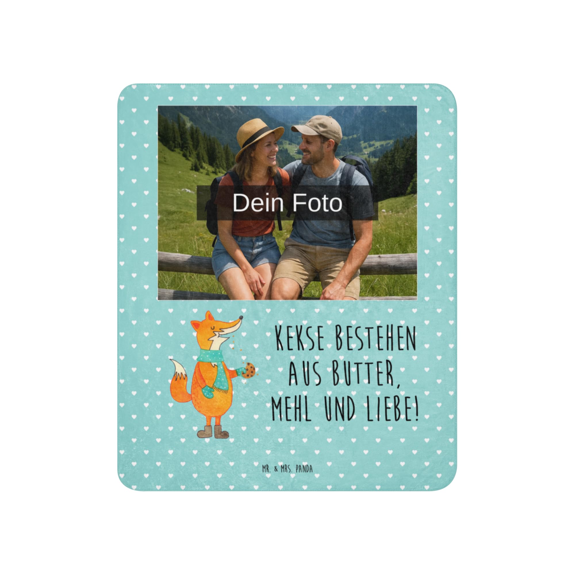 Mr. & Mrs. Panda Sherpa Foto Kuscheldecke Fuchs Keks 130 x 155 cm - Geschenk, Plätzchen, Frieren, Weihnachtlich, Küche Deko, Winter, Liebe