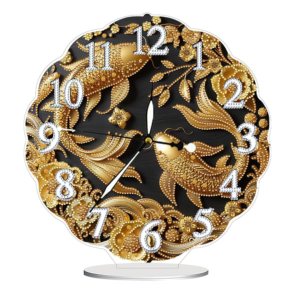 DIY 5D Diamond Art Tabletop Clock Kit - Special Shaped Crystal Desk Clock with Acrylic Base, Gem Art Craft for Home Office Decor, Unique Gift Idea(Black Goldfish)