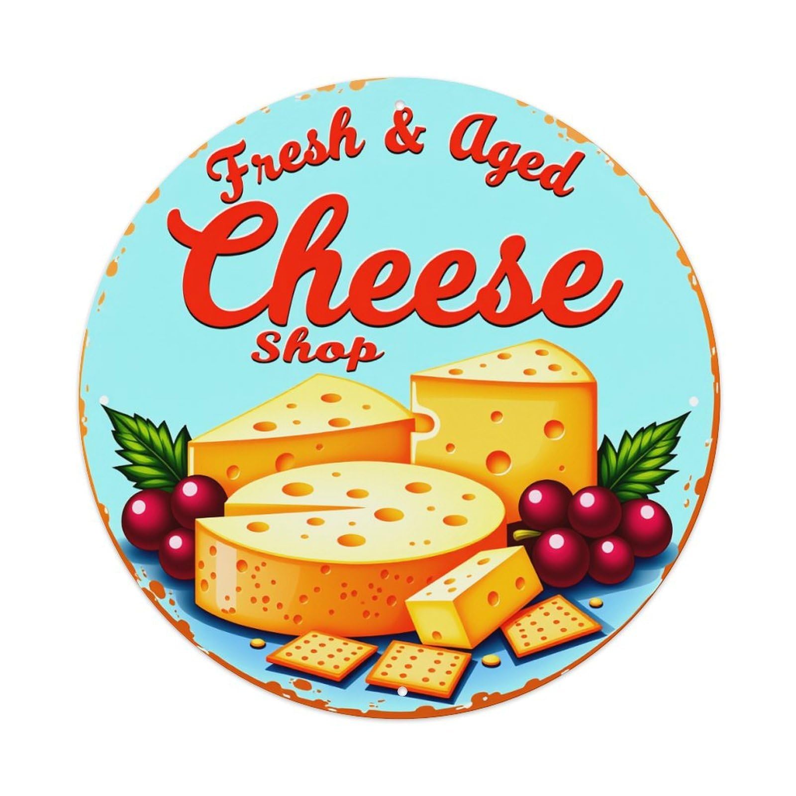 Cheese Grapes Cracker Leaves Pattern Round Tin Sign Vintage Metal Poster Retro Bar, Home, Man Cave, Kitchen, Laundry Room Wall Art Decor Gift 8x8Inch