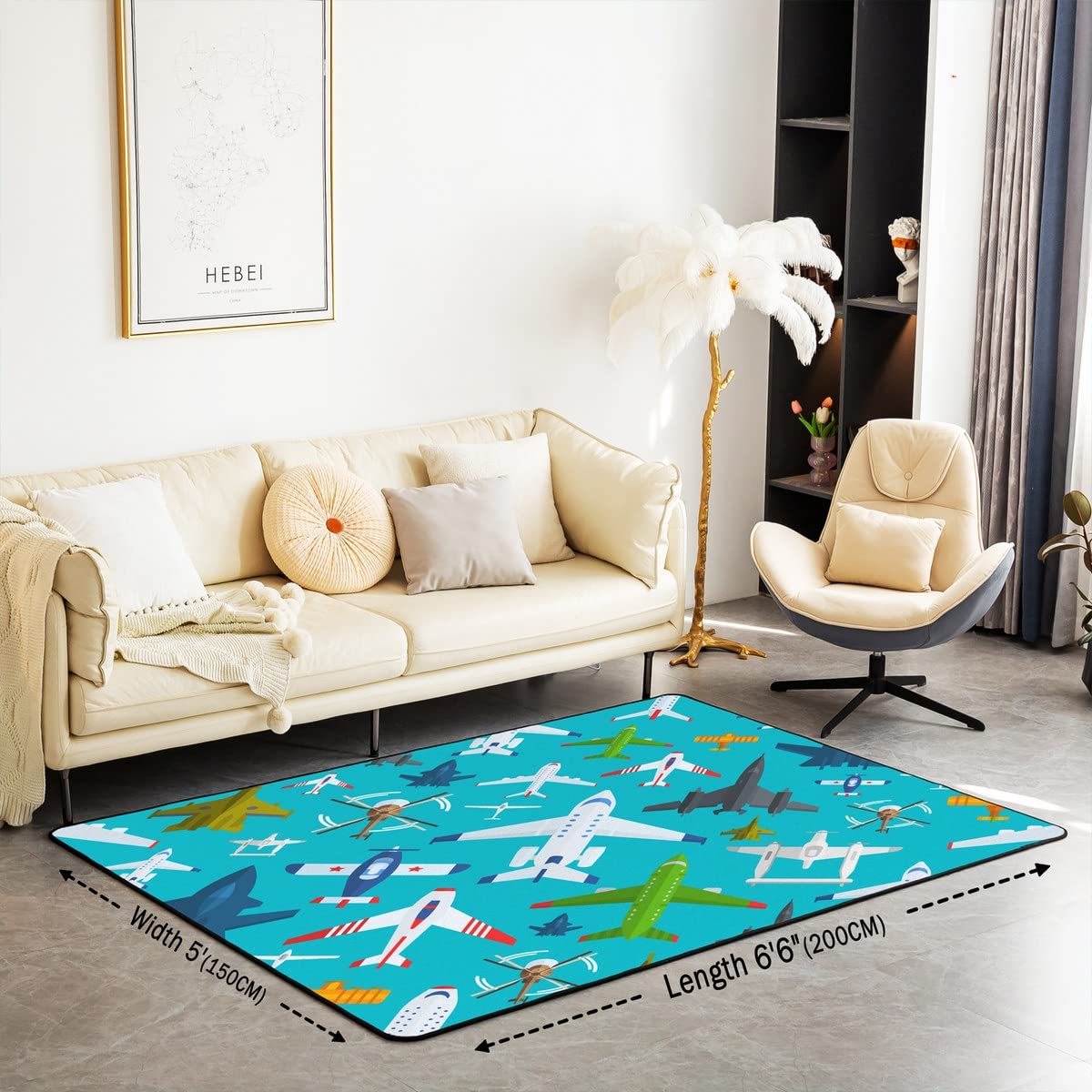 Loussiesd Aircraft Area Rug Kids Airplane Print Indoor Floor Mat Aircraft Flying Rugs for Living Room Bedroom Helicopter Flying Plane Blue Accent Rug 100 * 150cm - Image 2