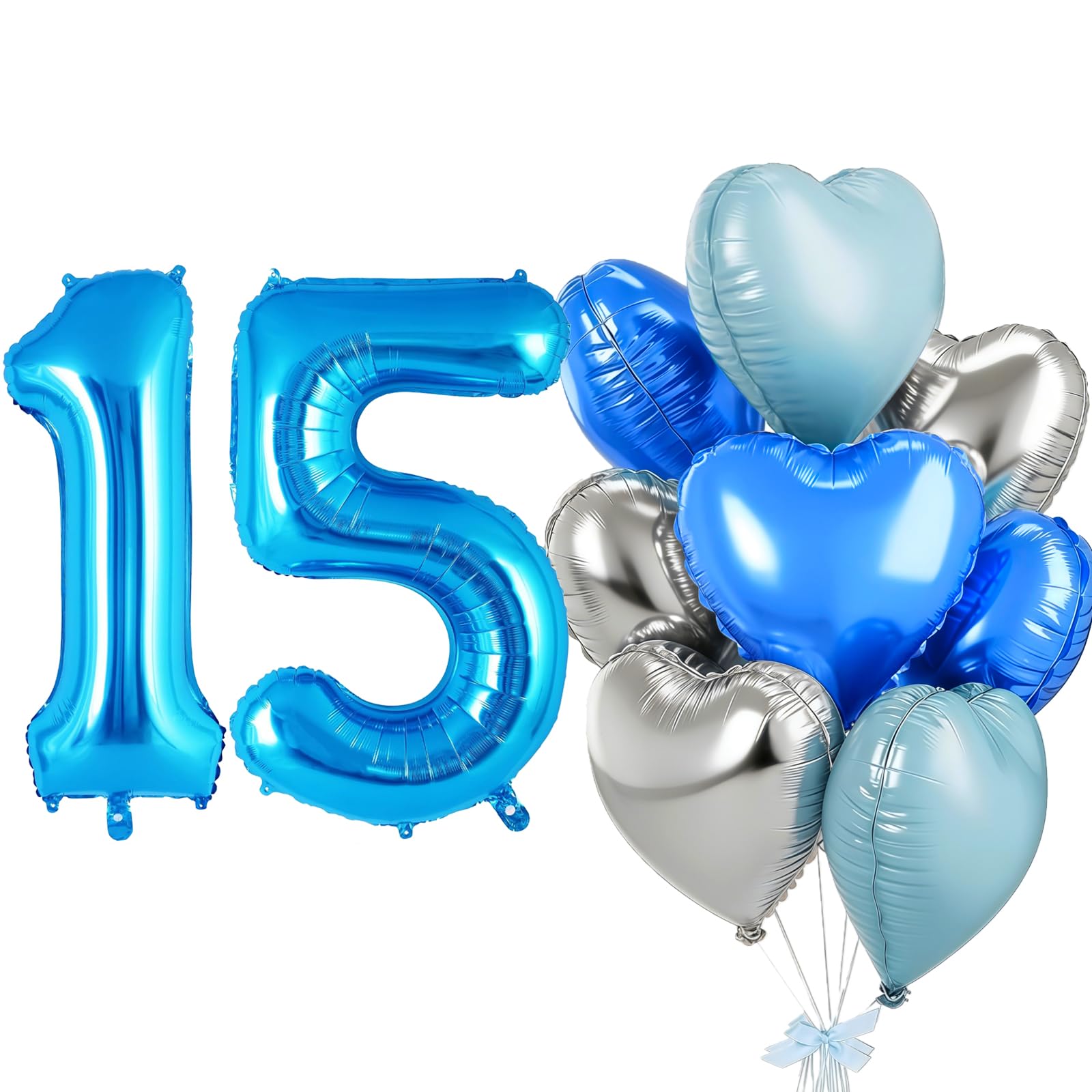 Blue Balloon 15, Foil Balloon Number 15, Heart Foil Balloon Blue Silver, 40 Inches Helium Balloon 15 & 51 with Heart Balloons, Balloon 15. Birthday Decor Set for Birthday Anniversary Party Decoration — image 1
