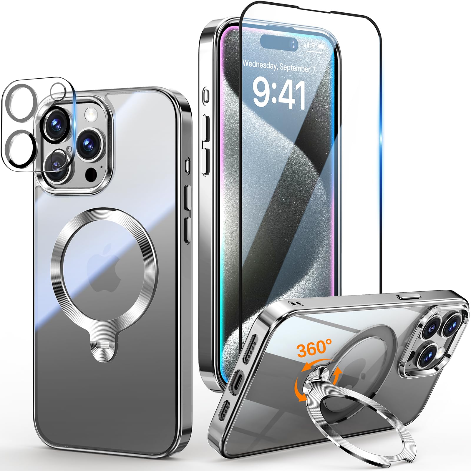 Photo 1 of [Tri-Shield Protection] for iPhone 15 Pro Max Case with 360° Spin Stand Compatible with MagSafe [Magnetic CD Ring][Screen & Camera Protector]Shockproof Plating Never-Yellowing, Natural Titanium-6.7"