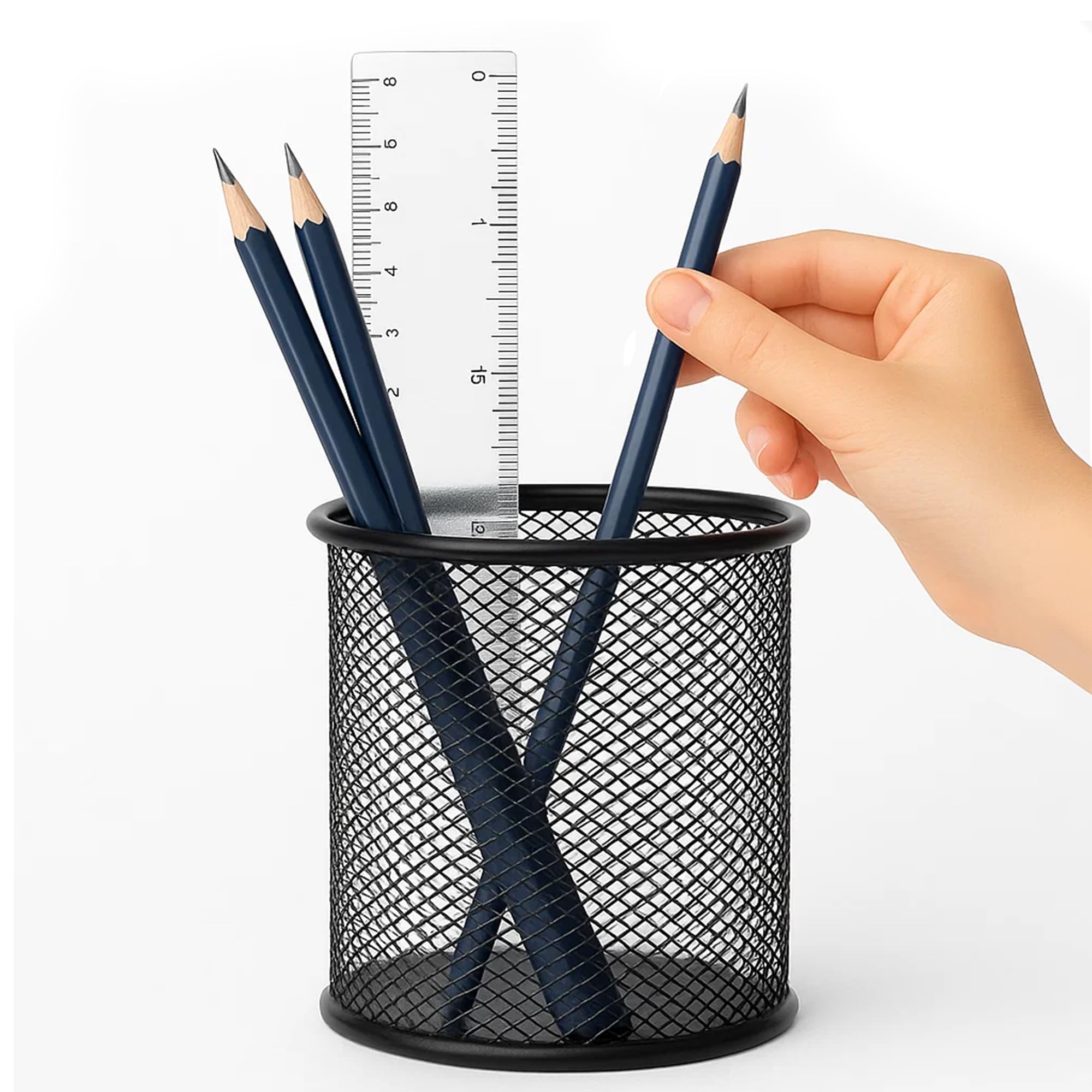 GLUN Schwarzer runder Metallnetz-Schreibtisch-Stiftehalter, 1 Stück sprühlackierter schwarzer Bleistift & anderes Schreibwarenzubehör Organizer Halter, Verwendung im Büro, Schule & Zuhause