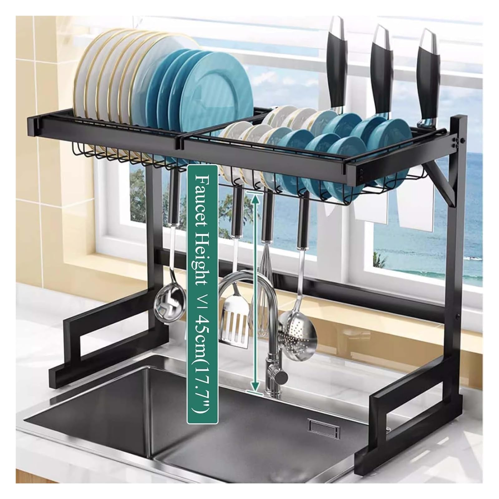Escurreplatos de Cocina Negro k - 33x12x20 in. Escurreplatos de encimera Que Ahorra Espacio. Diseño Duradero y Elegante para secar y organizar los Utensilios de Cocina de Forma eficiente.