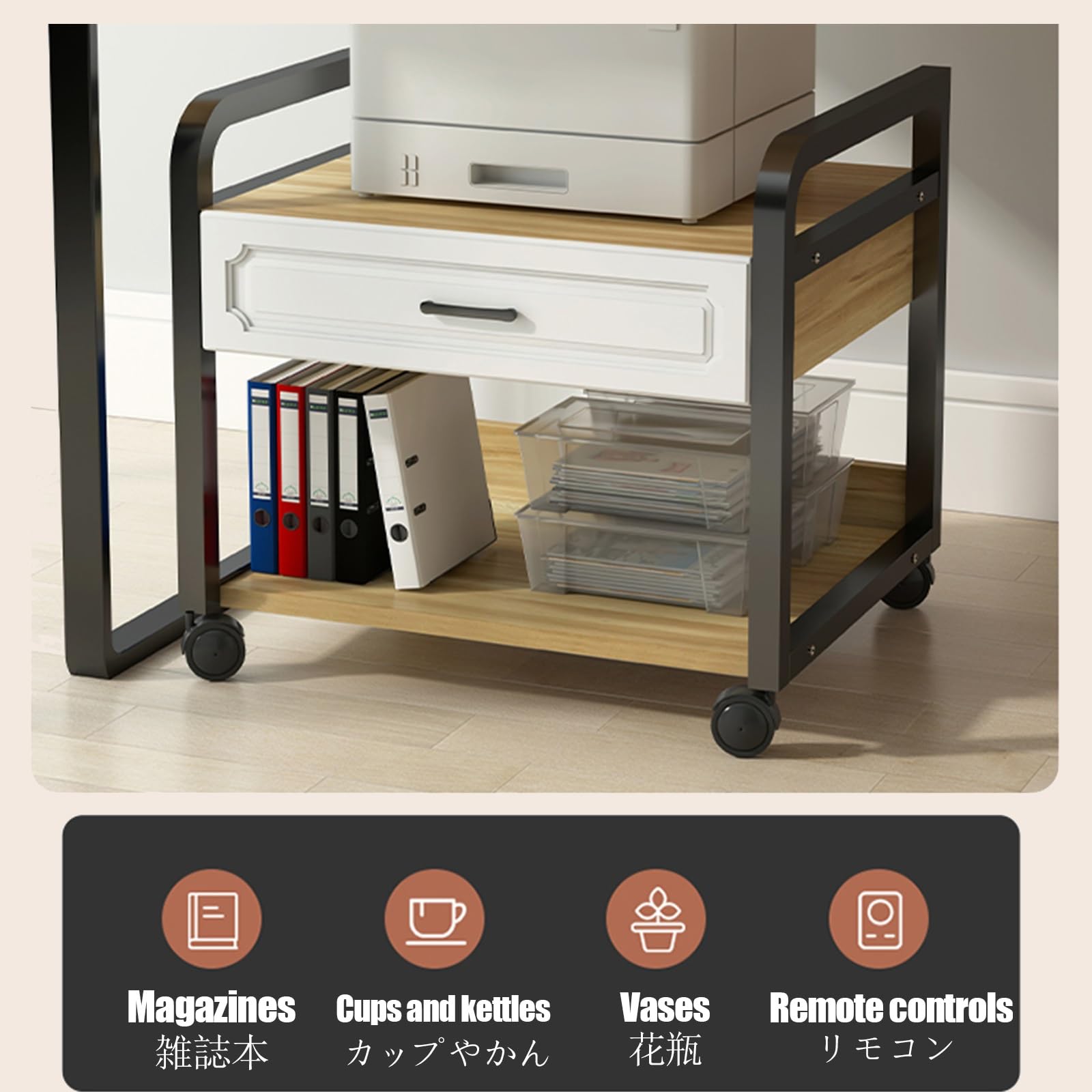 Mensola Porta Stampante Supporto per Stampante in Legno Mobiletto con Ruote Supporto per Stampante A 2 Livelli Supporto per Stampante Portaoggetti Mobile 4 Ruote(White,Small)