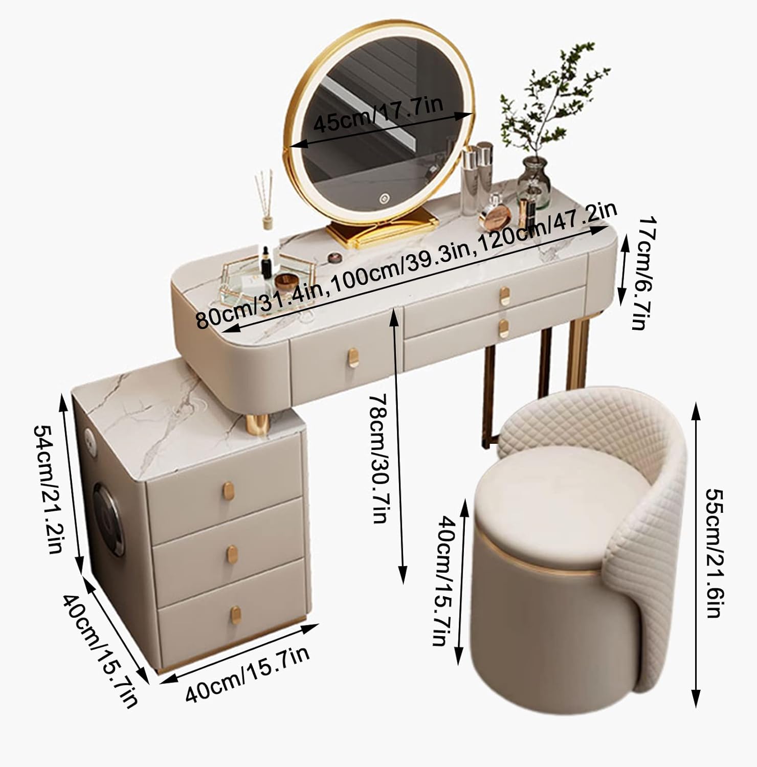 Vanity Desk With Touch LED Lighted Mirror, Dressing Table With 3 Color Lighting Modes, Makeup Vanity Table With 3 Drawers, Storage Cabinet And Charging Station, For Bedroom ( Color : Beige 2 , Size :