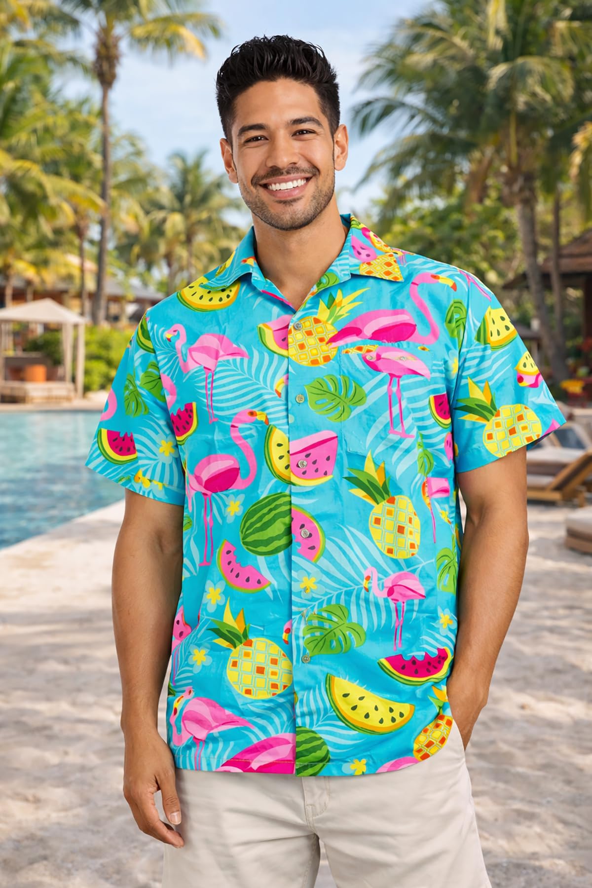 Camisa Hawaiana Hombre Manga Corta Flamingo Melon King Kameha