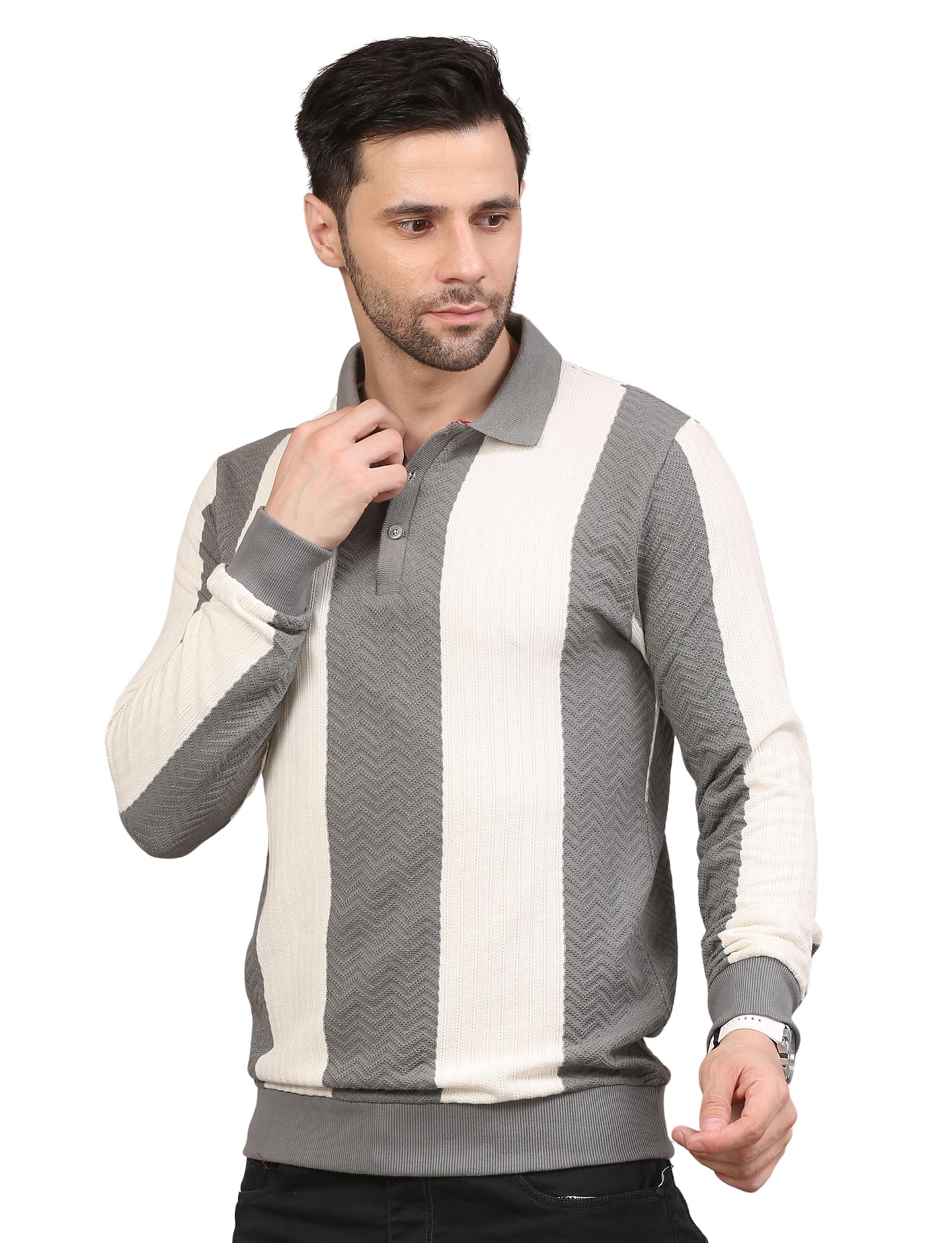 nexgen club Men’s Sweatshirt Full Sleeve Rib Collar Neck with Placket Colour Block Stripe Cotton Blend Smart Casual Party Streetwear Winter Pullover Semi-Formal-picture-36