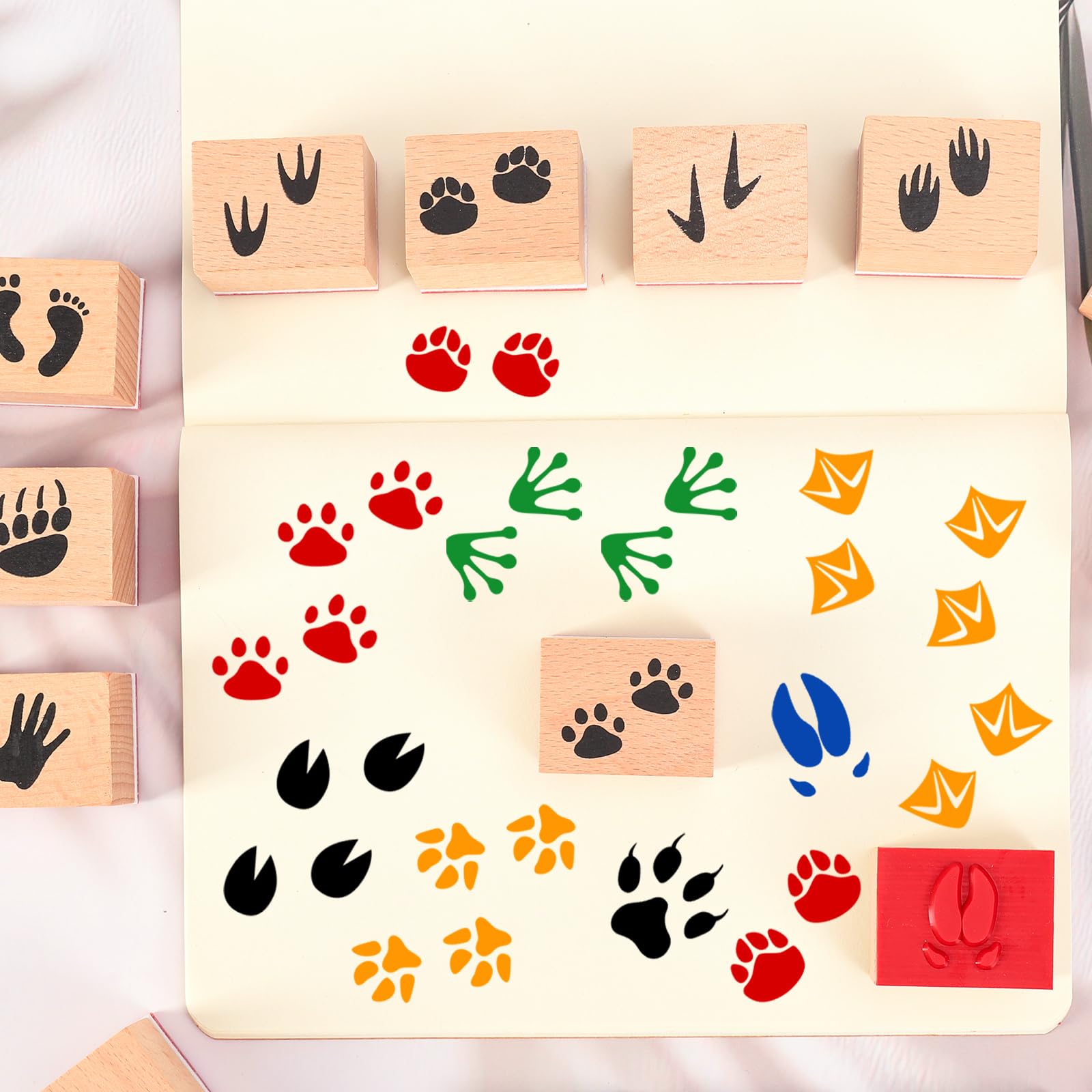 Whaline 29 sellos de goma de madera con huellas de animales con almohadillas de tinta para manualidades, huellas de animales de dibujos animados, sellos de manualidades para decoración de fiestas