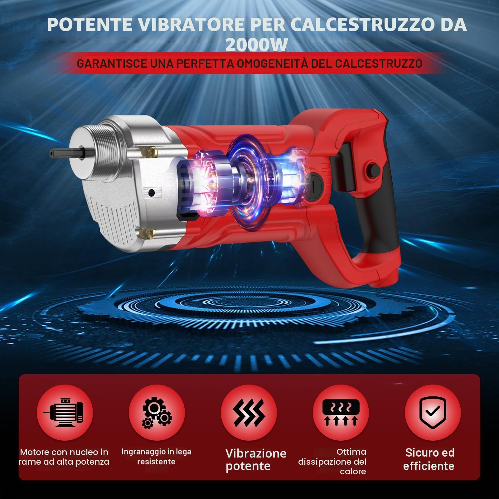 IMAYCC 2000W Vibratore per Calcestruzzo, Vibratore da Costruzione Elettrico 4300 giri/min, Lunghezza asta Vibrante 2m, Diametro albero Vibrante 38mm, per Strade Tunnel Ponti Case ecc.