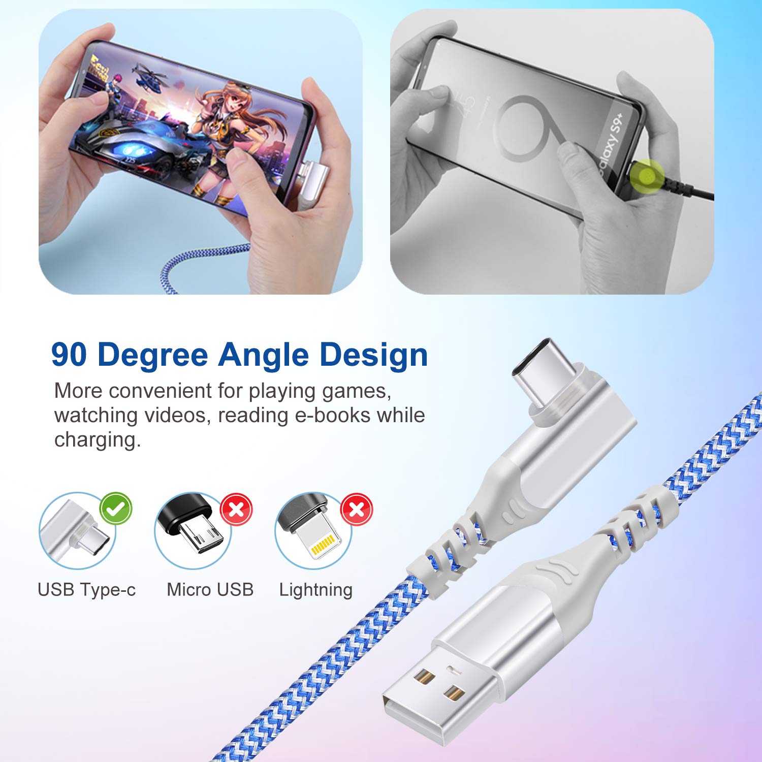 Cavo USB C a USB C da 3 m, tipo C a tipo C, Pofesun 3 Pack USB C Cavo di Ricarica Rapida ad Angolo Retto Compatibile per Samsung Galaxy S20 S10 S9 S8 Plus Note 9 8, LG G8 G7 V40 V20, Verde, Viola