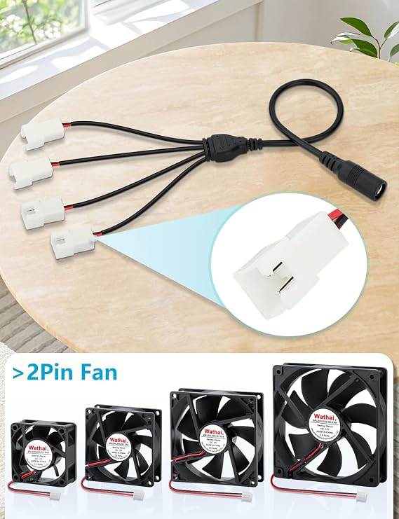 Wathai 2 Pin PC Fan Controller with Splitter 36W 12V Adjustable Power Supply with 4 Port Speed Control, 4-12V DC Adapter for Computer Cooling Fans 100-240V AC, 3A 2 Pin Compatible