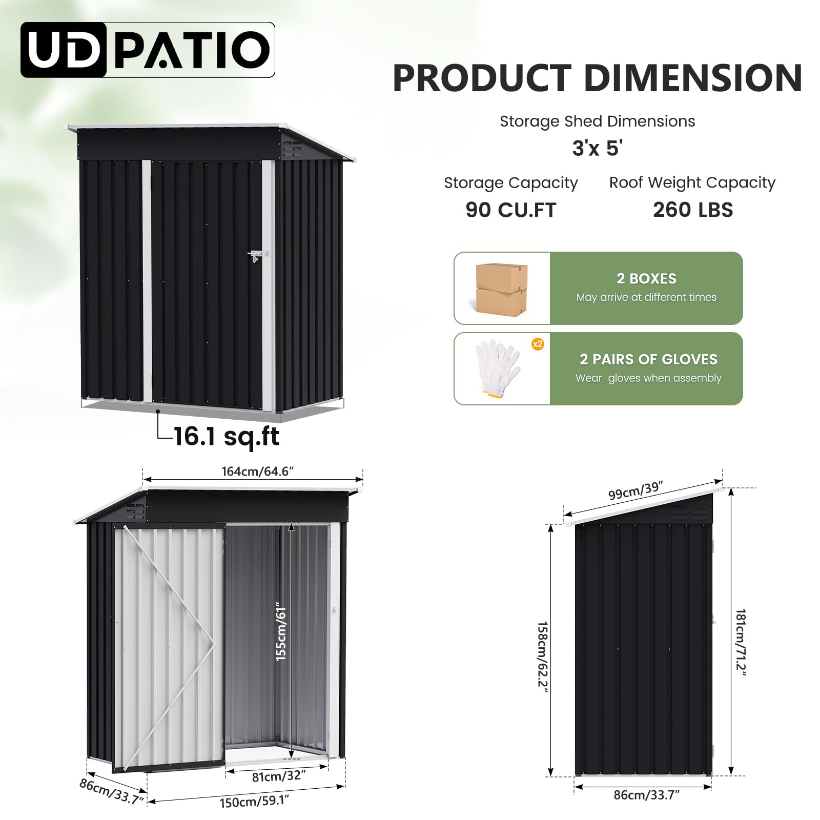 UDPATIO Casetta da Giardino in Metallo 164x86x181 cm 2.1 m³ Armadio da Esterno Impermeabile con Porta e Serratura Nero