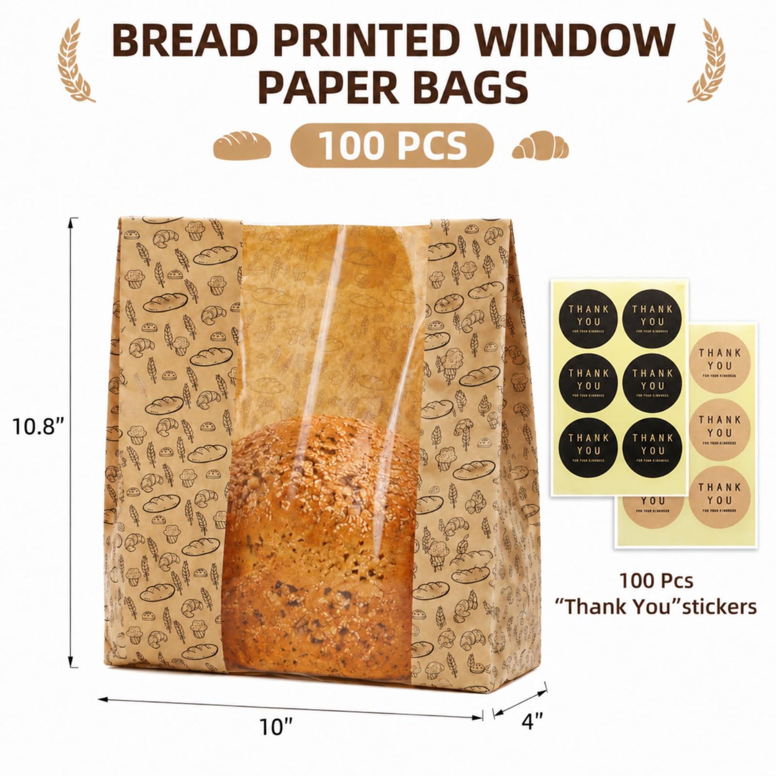 Hacaroa 100 Stück Papier Brotbeutel mit Klarem Fenster, 27,5 x 25 x 10 cm Kraft Bäckerei Taschen mit 100 Aufkleber, Braun Toast Verpackung Taschen für Hausgemachtes Brot, Keks