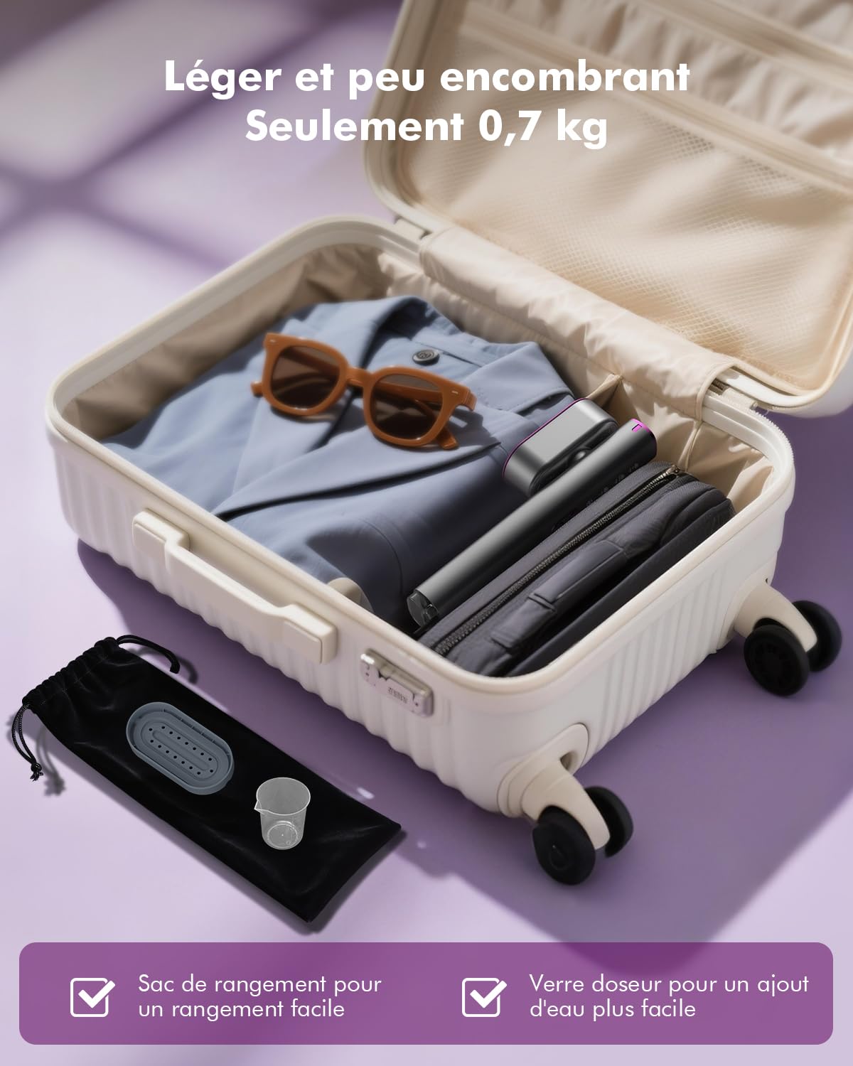 Défroisseur Vapeur Portable - Utilisation Mondiale 110-240V Steamer, Débit Vapeur 22g/min, Fer à Repasser de Voyage 2-en-1, Chauffage Express 15s, 1000W Léger et Compact pour Maison & Voyage