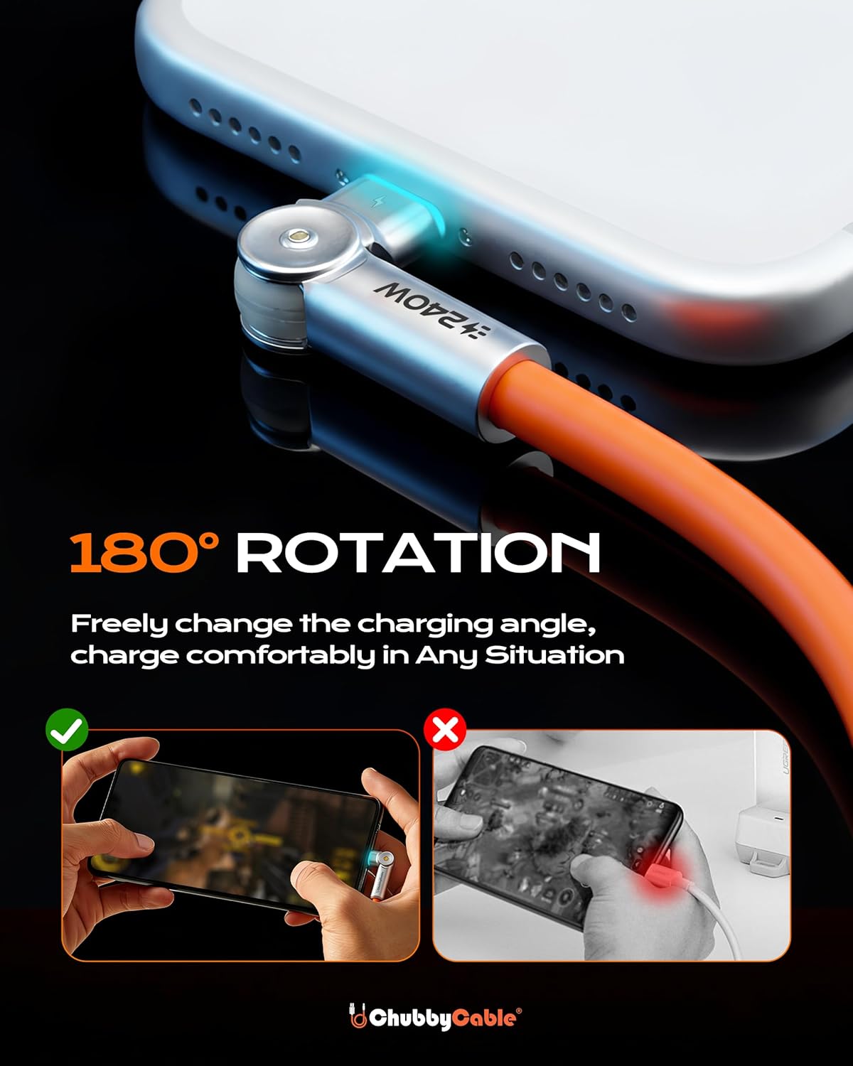 chubbycable Chubby RotateX 240W Dual 180° Rotating Fast Charging Cable with LED Light Soft Silicone USB C Cable Extra Thick Durable Charger Cord, Orange, 6.6ft