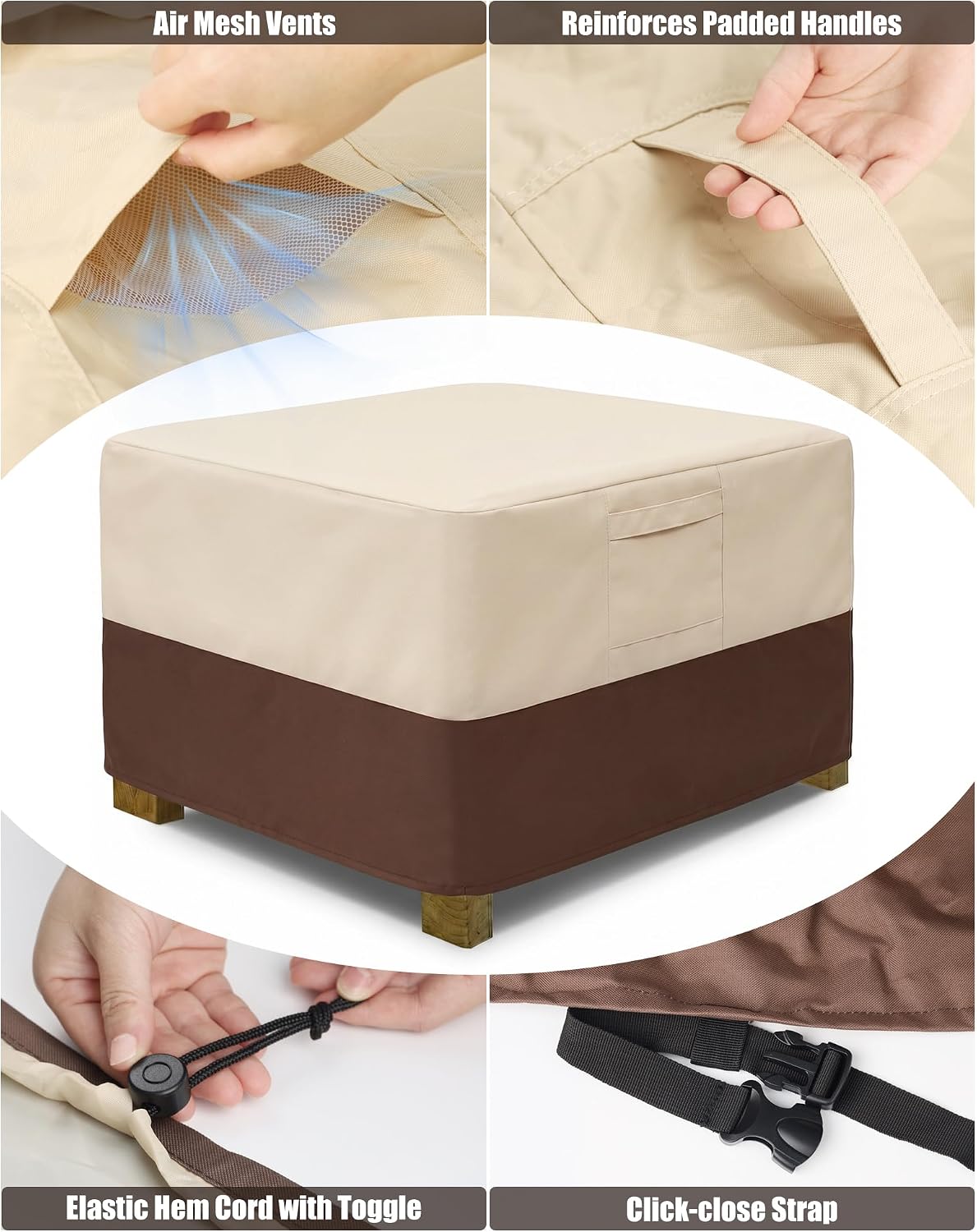 Vailge Square Patio Ottoman Cover, Waterproof Outdoor Ottoman With Padded Handles, Heavy Duty Side Table Cover (Small, Beige & Brown)