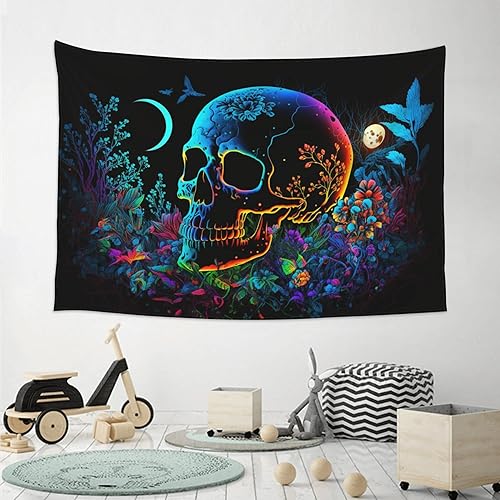 Miniatura 7 de Tapiz de pared con diseño de calavera trippy gótico en blanco y negro, diseño de hongos trippy y flores, estilo tarot, diseño de hongos trippy y