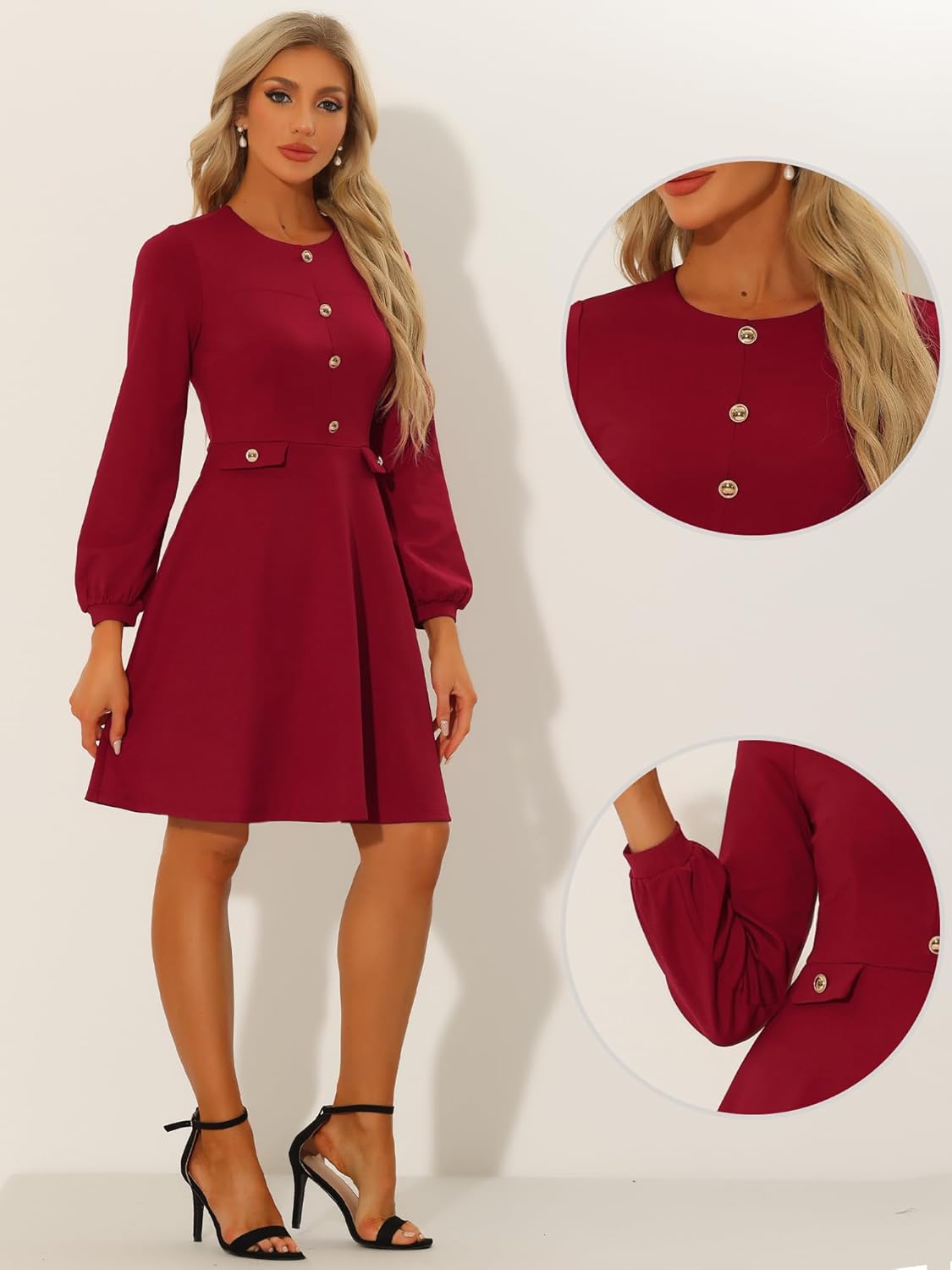 Allegra K Work Office Dress for Women's Button Decor A-Line Long Sleeve Dress - Image 2