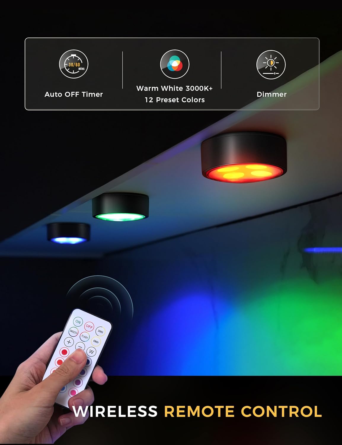 Stick on Lights with Remote Shelf Battery Operated Push Lights Small Led Bookshelf Above Cabinet Lighting 2 Pack Black