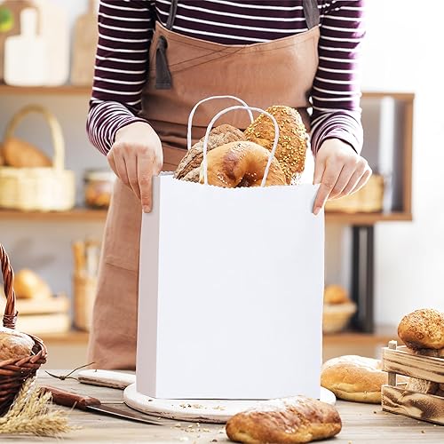 Miniatura 8 de METRONIC 100 bolsas de papel de regalo de 10 x 5 x 13 pulgadas, bolsas de papel kraft blancas de tamaño mediano con asas, bolsas de papel de estraza