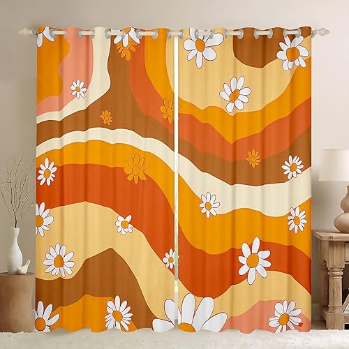 Cortina retro de margaritas de flores hippie para sala de estar, cortinas de ventana de flores groovy, con rayas vintage, 30% a 50%, cortinas opacas