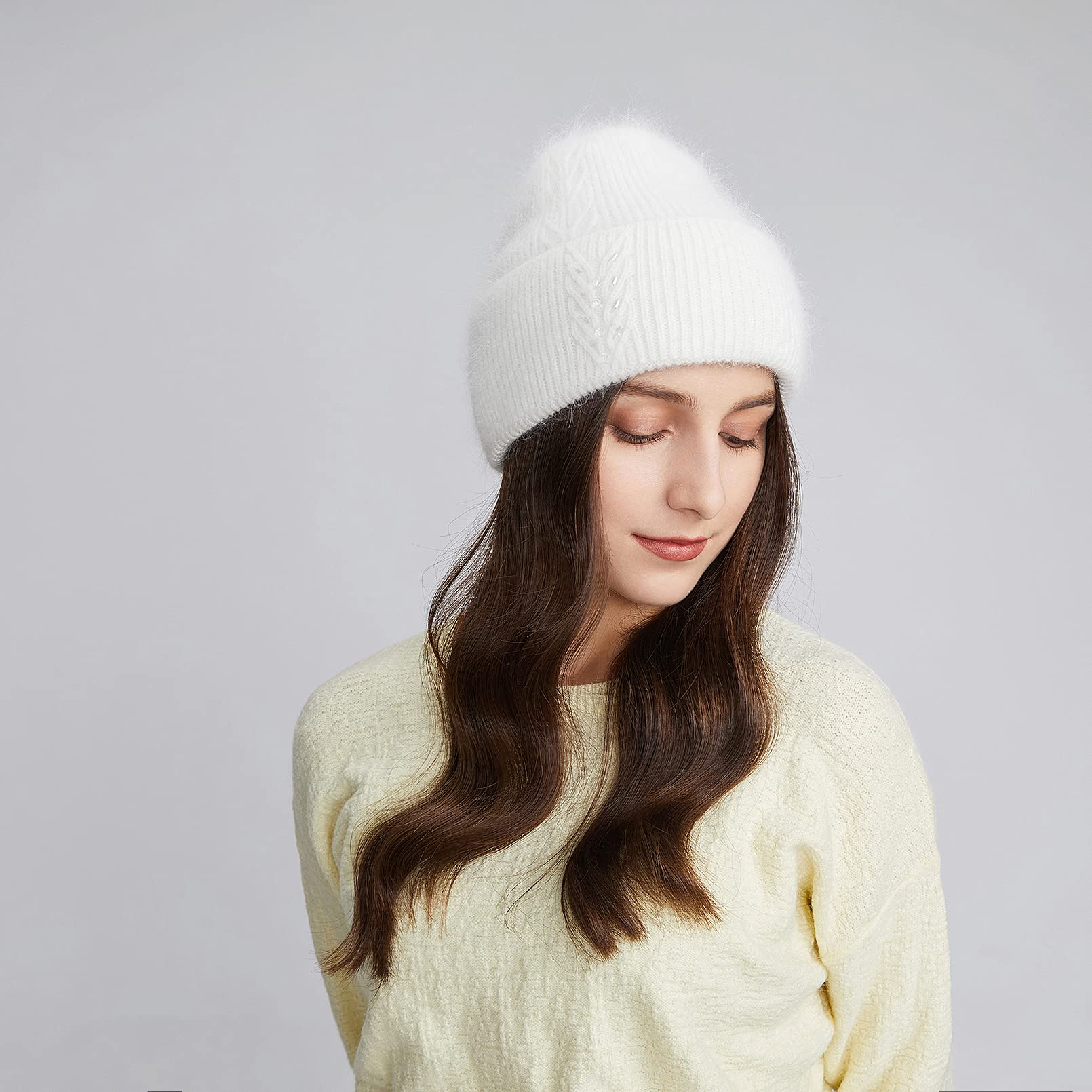 BeFur Bonnet à pompon en cachemire pour femme - Chaud - Côté large avec strass - Pour l'hiver, Blanc., Taille unique