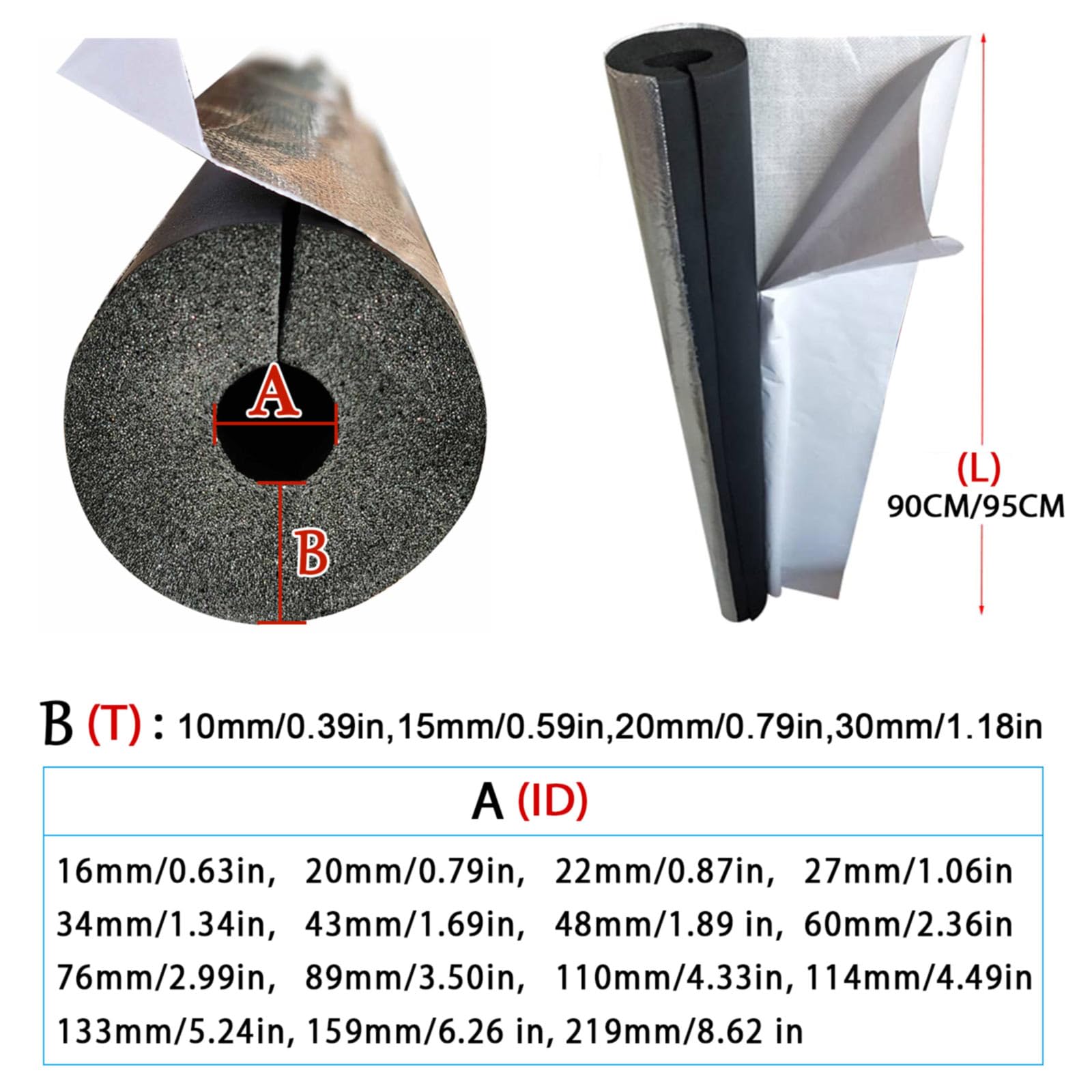 Tubo de Espuma, Fundas de Aislamiento Térmico para Tuberías Exteriores, Coquilla Aislante de Papel de Aluminio Autoadhesivo, para Coquilla Aislante Tuberías (ID) 219mm x (T) 30mm x (L) 0.9m