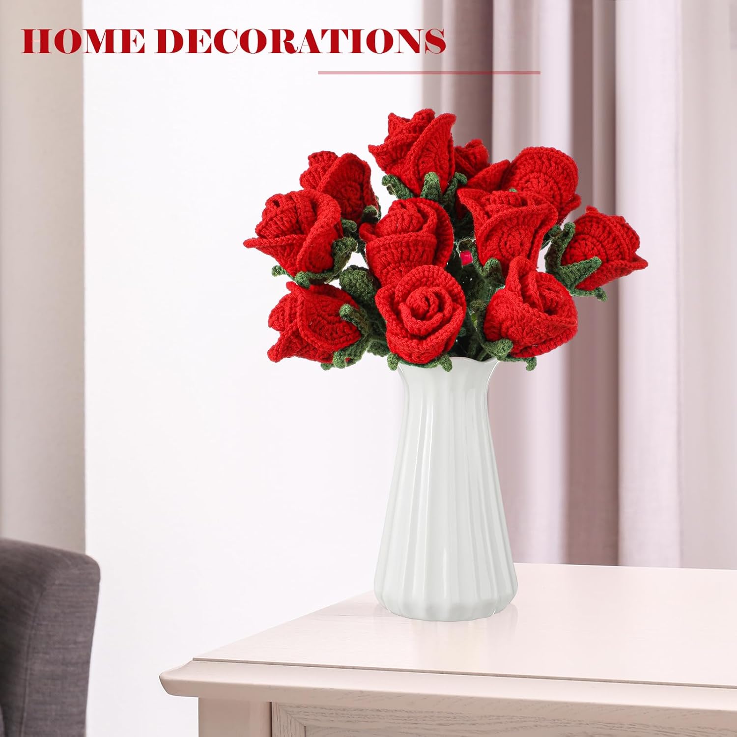 Shihanee 10 Pcs Valentine's Day Red Crochet Roses Bouquet, Handmade Knitted Flowers, Forever Artificial Roses Gift for Women Wife Mother Friend