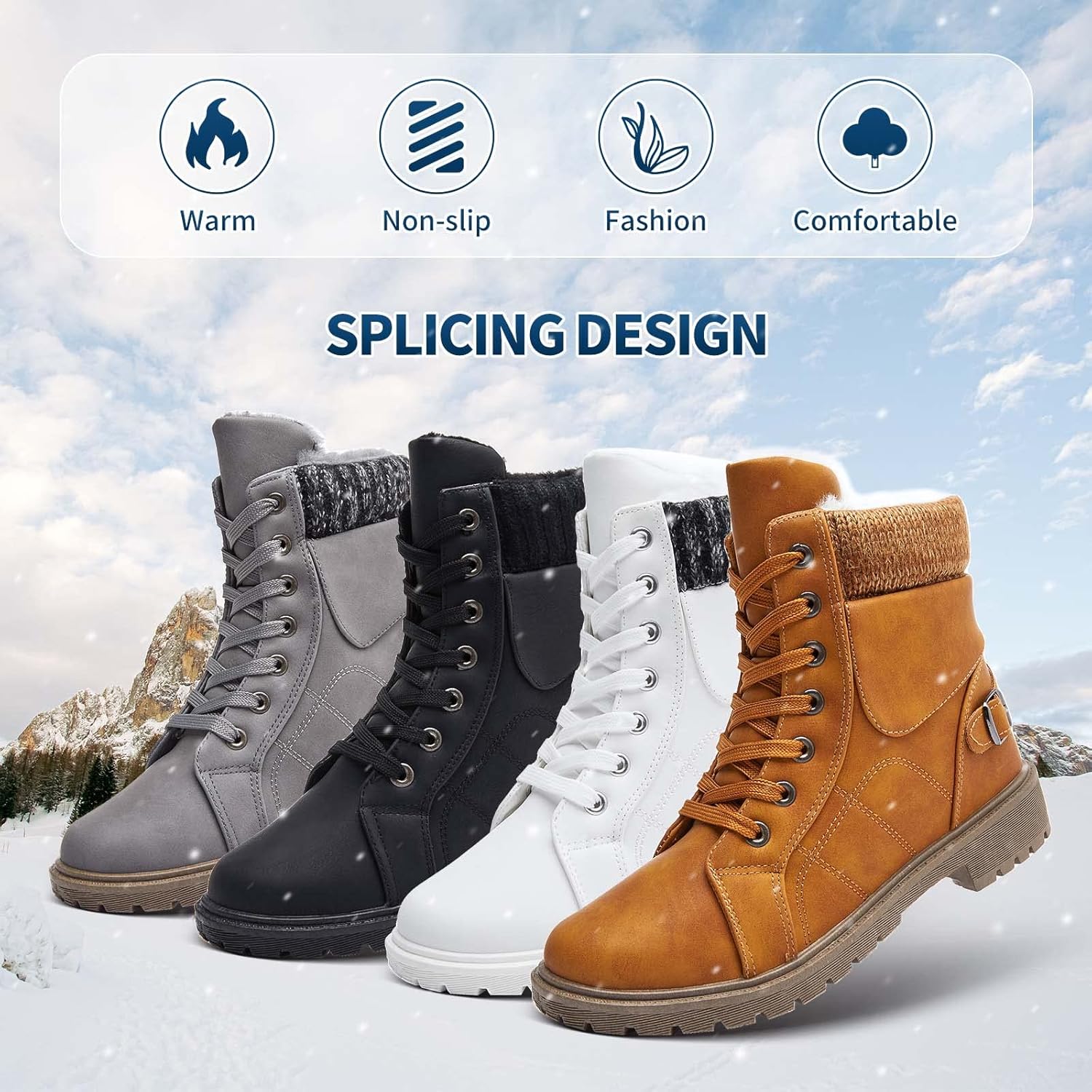 XRH Women Lace Up Combat Boot Winter Snow Boots Warm Fur Lined Ankle Booties Waterproof Hiking Boot for Women Non Slip Leather Boot Shoes