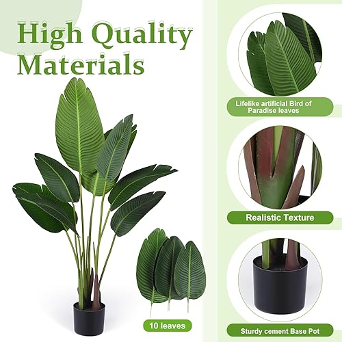 Miniatura 3 de Crowye Paquete de 4 plantas artificiales de aves del paraíso, palma de viajero sintética de 5 pies de alto con 10 hojas, maceta de plástico