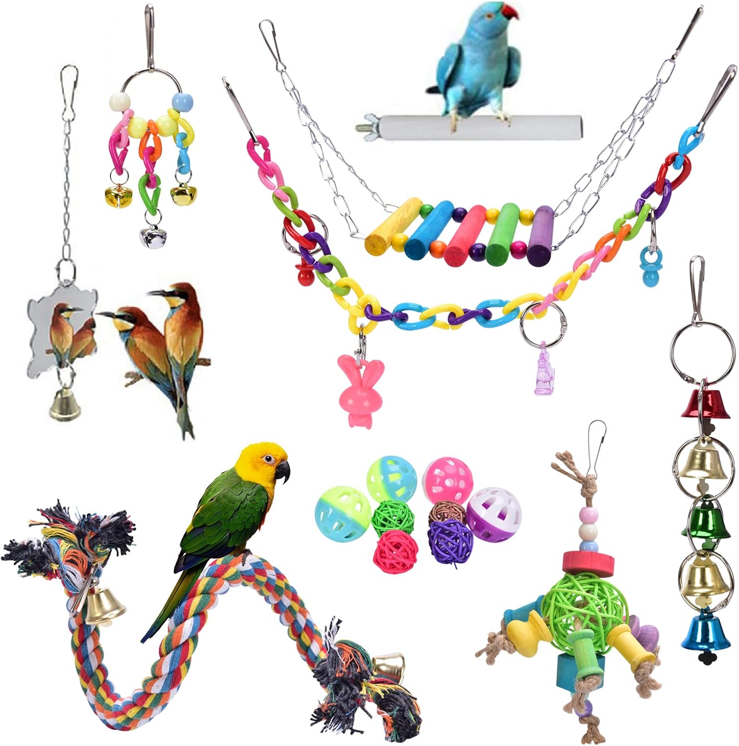 Bird Parrot Swing Toys - wuyule 16 PCS Bird Cage Toys Bird Swing Chewing Toys with Bells for Finches Small Parrots Parakeets Cockatiels…