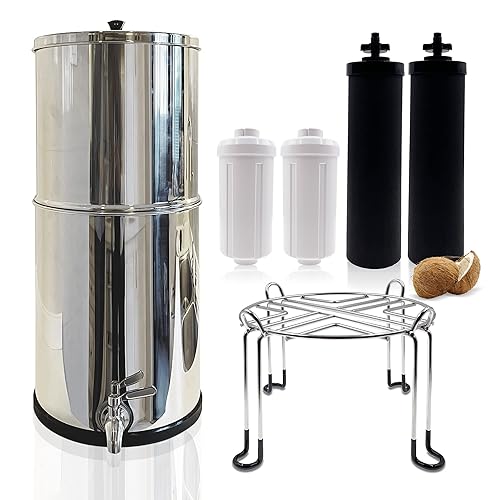 Shurex Sistema de filtro de agua alimentado por gravedad de tanque de acero inoxidable de 225 galones con 2 filtros de elementos negros 2 filtros de