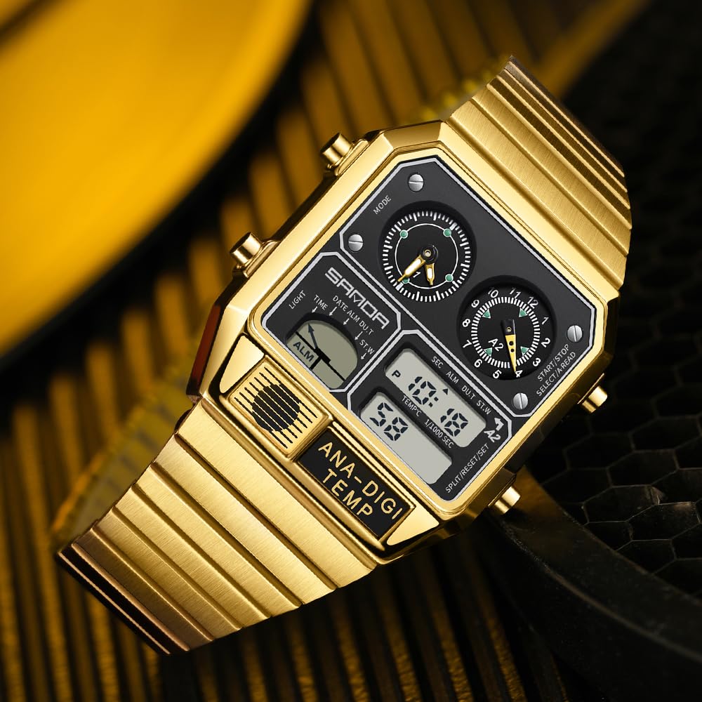 MASTOP Quadratische Retro-Digitaluhr mit Temperaturanzeige, Unisex, 19,1 cm, analog, 3 Zeitzonen, leuchtende Hintergrundbeleuchtung, 50 m wasserdicht, Wecker, Stoppuhr, Woche/Datum, Goldweiß