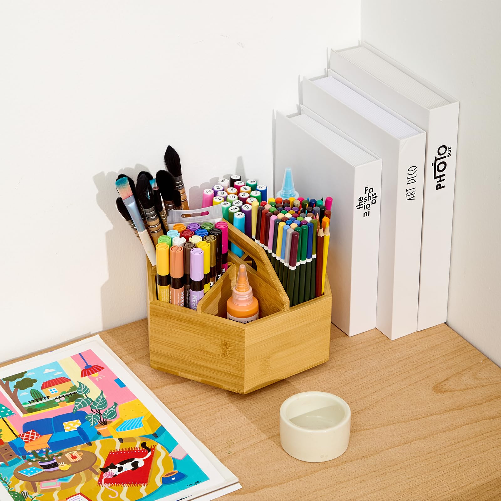MEEDEN Bambus Schreibtisch Organizer 360° Drehbar：Stifte Organizer Stiftehalter für Marker/Buntstifte/Bleistifte mit Griff, Große Desk Organizer für Zuhause Büro Schule