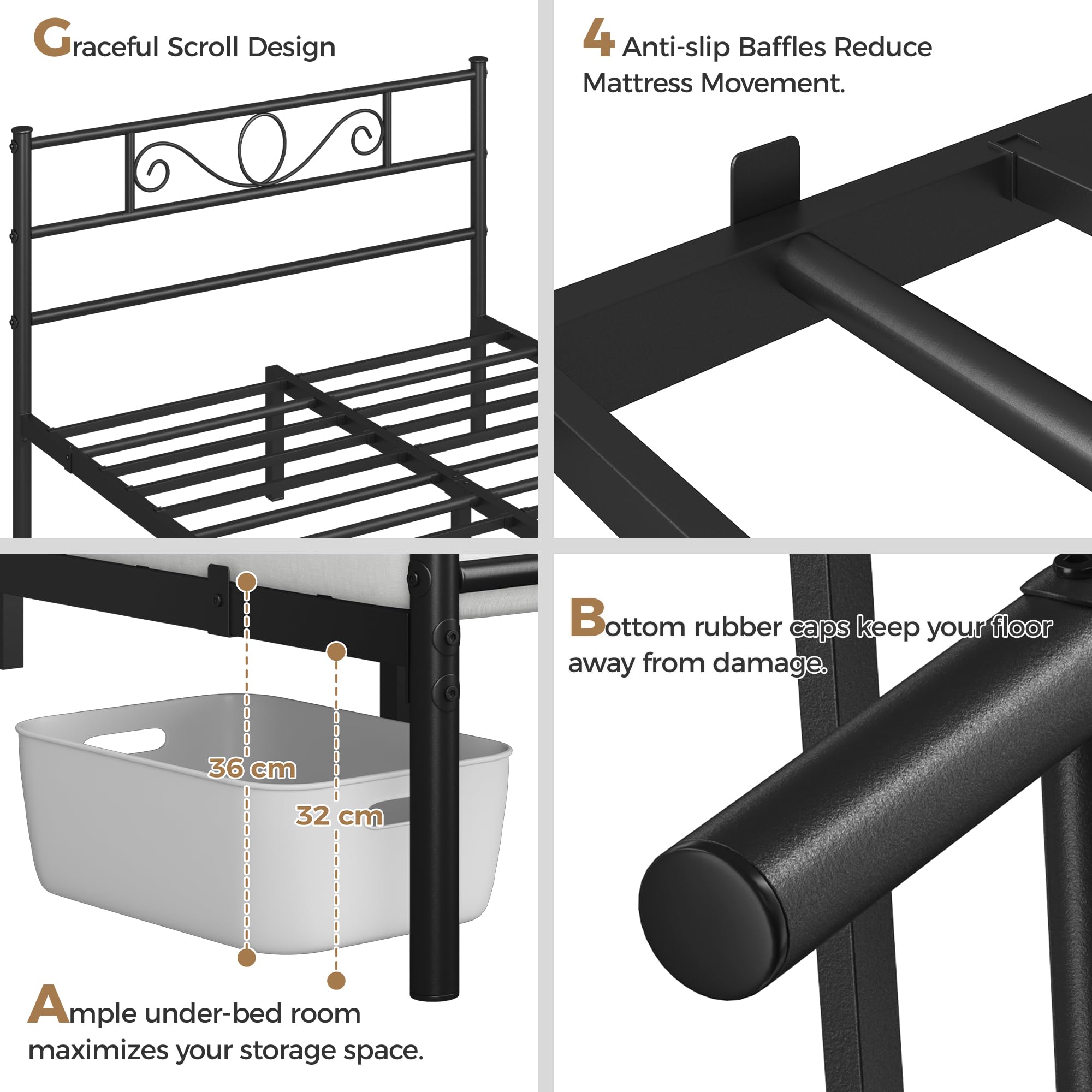 Yaheetech Cama Doble Hierro para Colchón de 135 x 190 cm Estructura Industrial de Metal Negro, Marco Base