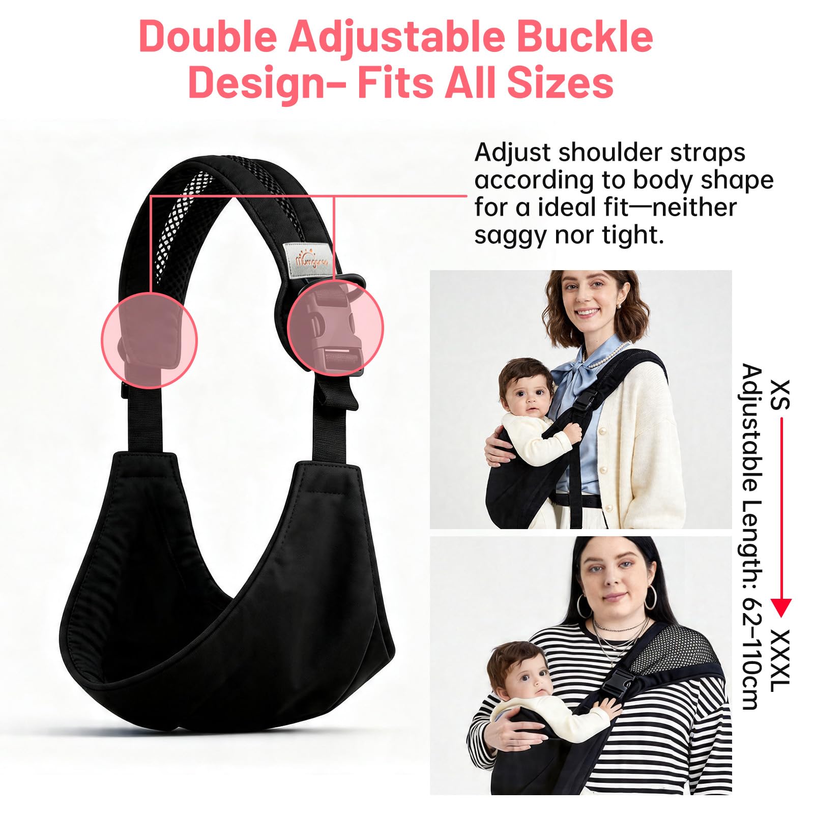 Mumgaroo Baby Sling, Adjustable Toddler Carrier Sling, Breathable Baby Sling Carrier with Thick Shoulder Straps for Newborn, Infant, Toddler, 0-36 Months (Black) — view 5