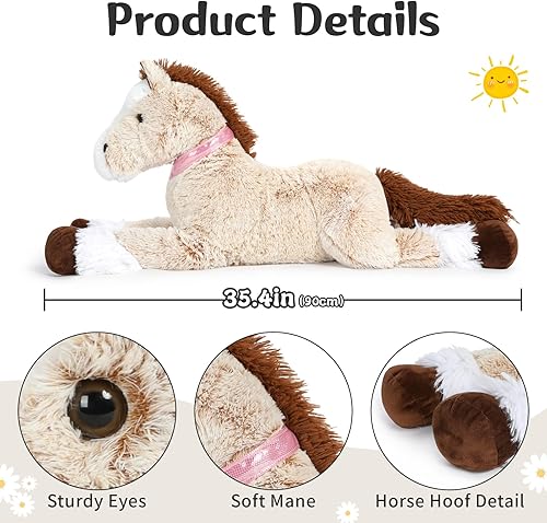 Miniatura 4 de Tezituor Caballo de peluche realista grande de 3 pies, juguetes de peluche de poni grandes de 35.4 pulgadas para montar, abrazar, almohada de cuerpo