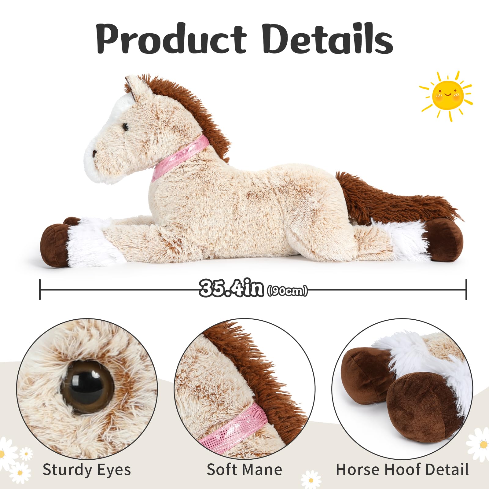 KERTA 3ft Large Realistic Horse Stuffed Animal, 35.4 Inches Big Stuffed Pony Plush Toys for Ridding, Hugging Soft Horse Plush Theme Body Pillow Christmas Birthday Gift for Boys Girls 4