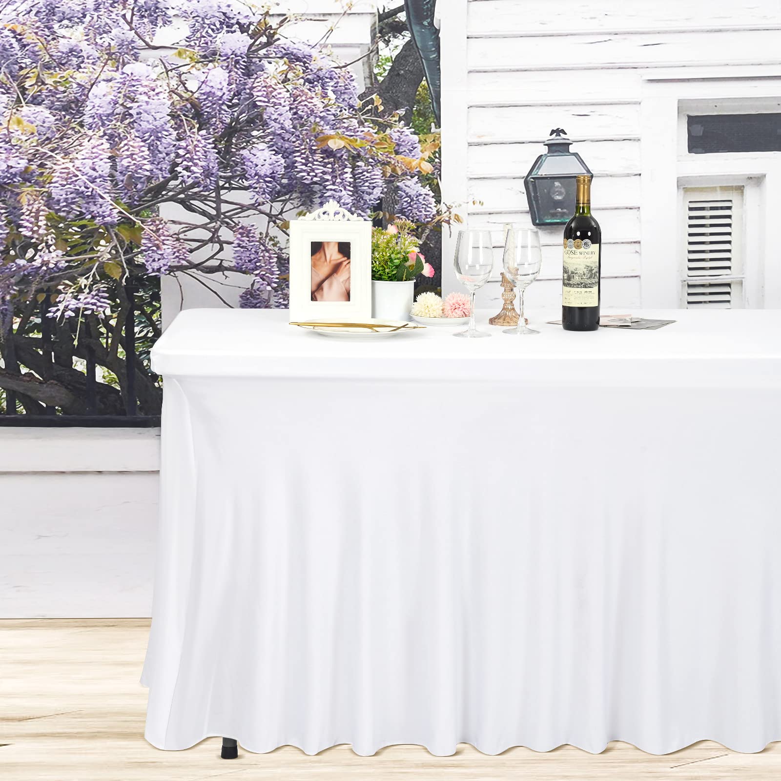 2 Stück Spandex Tischröcke,244 x 76cm Weiß Stretch Tischdecke mit Rock Waschbare Tischrock für 8Ft Rechteck Tische, Einziehbare Tischabdeckung für Hochzeiten Bankette Messen